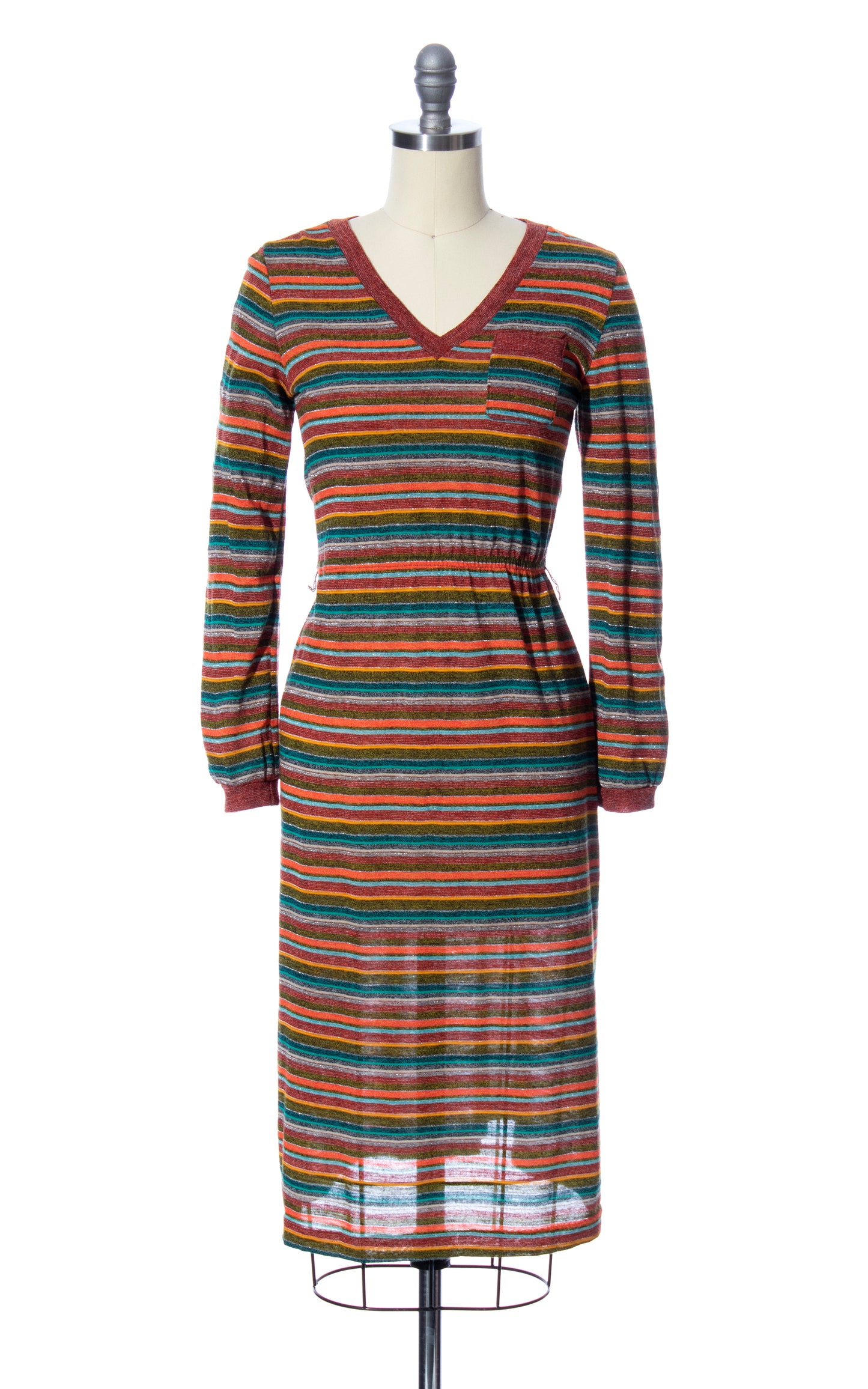 Vintage 80s 1970s Metallic Striped Jersey Knit Sweater Dress Birthday Life Vintage