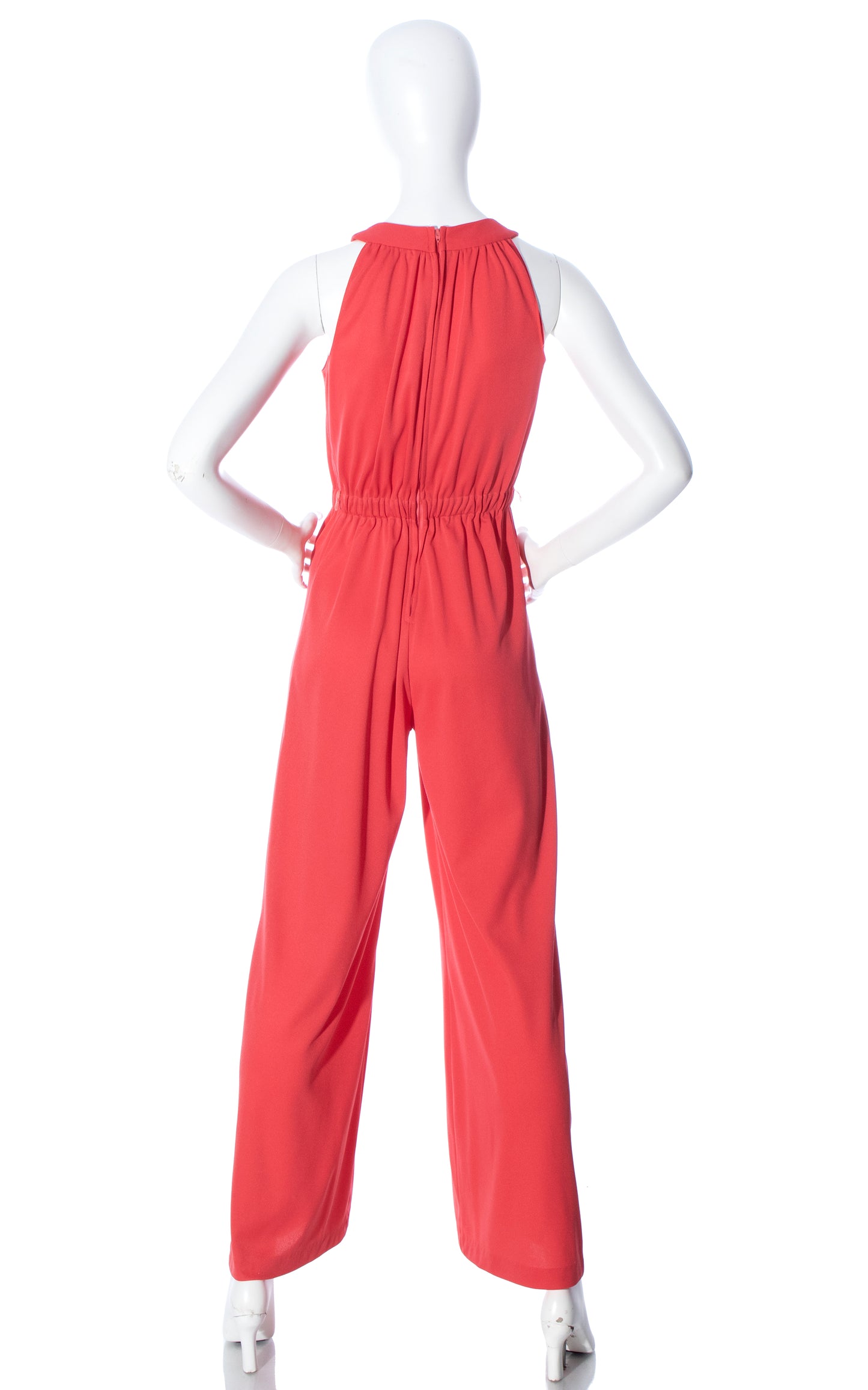 Vintage 70s 1970s Hot Salmon Pink Jersey Knit Wide Leg Jumpsuit Birthday Life Vintage