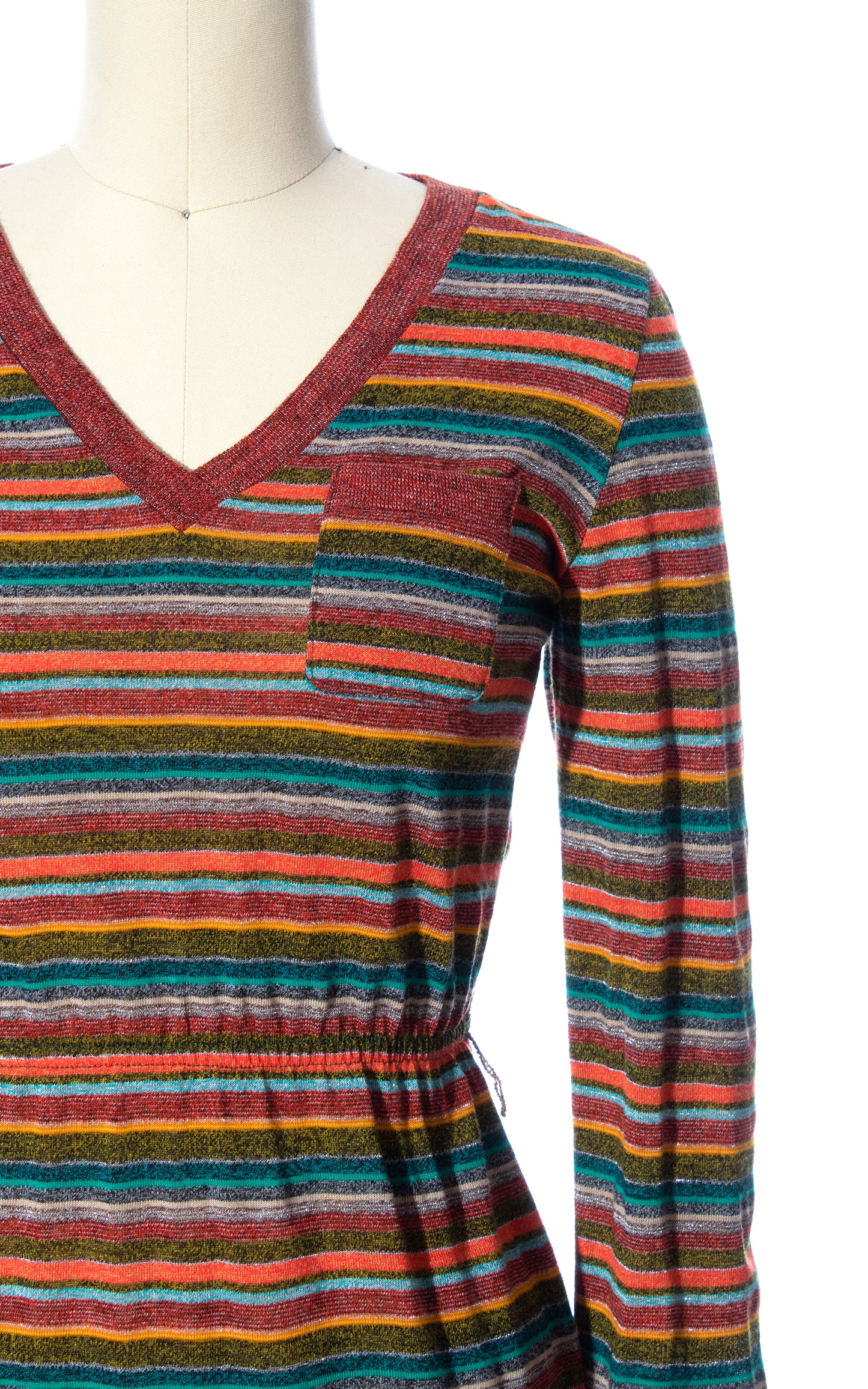 Vintage 80s 1970s Metallic Striped Jersey Knit Sweater Dress Birthday Life Vintage