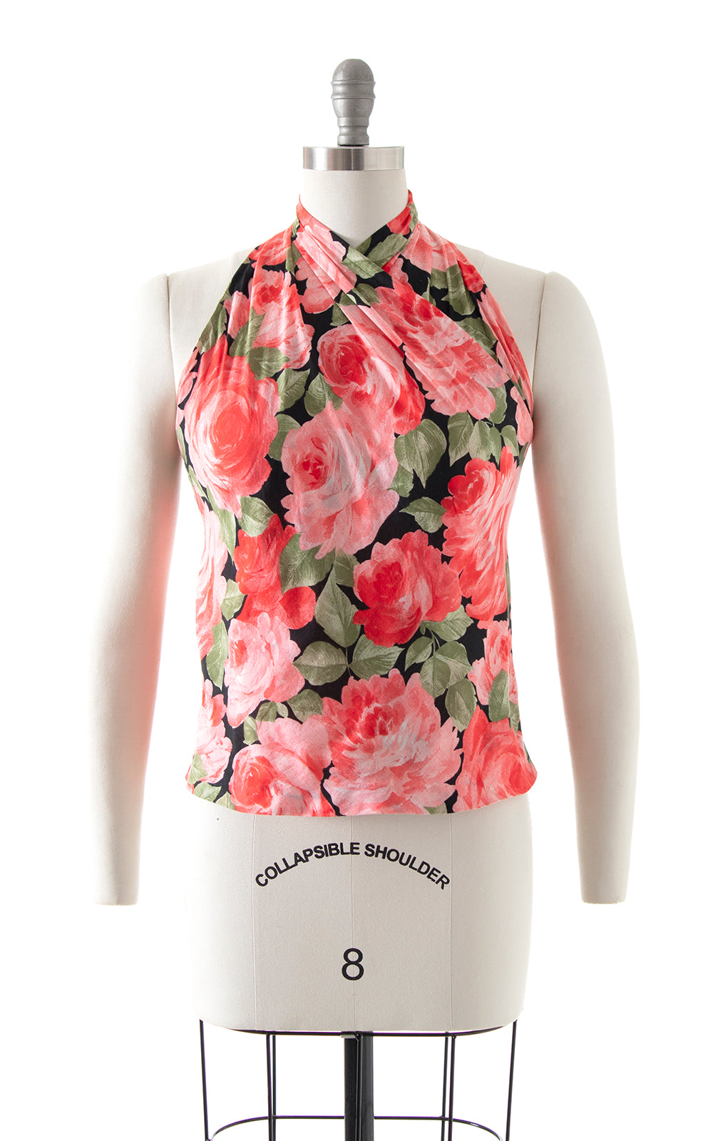 Vintage 2000s Y2K 1950s Inspired Style Rose Floral Print Printed Halter Top Cotton Blouse Birthday Life Vintage