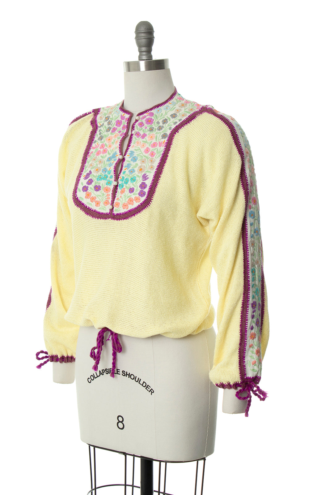Vintage 1970s 70s Floral Embroidered Knit Drawstring Cream Sweater Birthday Life Vintage