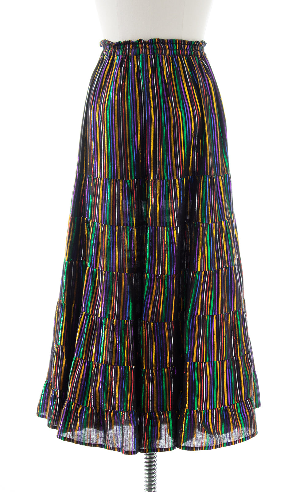 1970s 1980s Metallic Rainbow Striped Tiered Maxi Skirt | x-small/small/medium