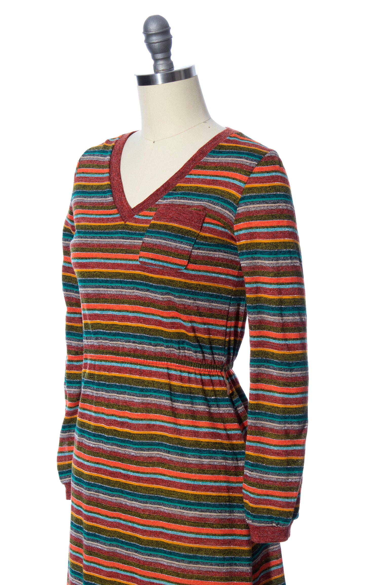 Vintage 80s 1970s Metallic Striped Jersey Knit Sweater Dress Birthday Life Vintage