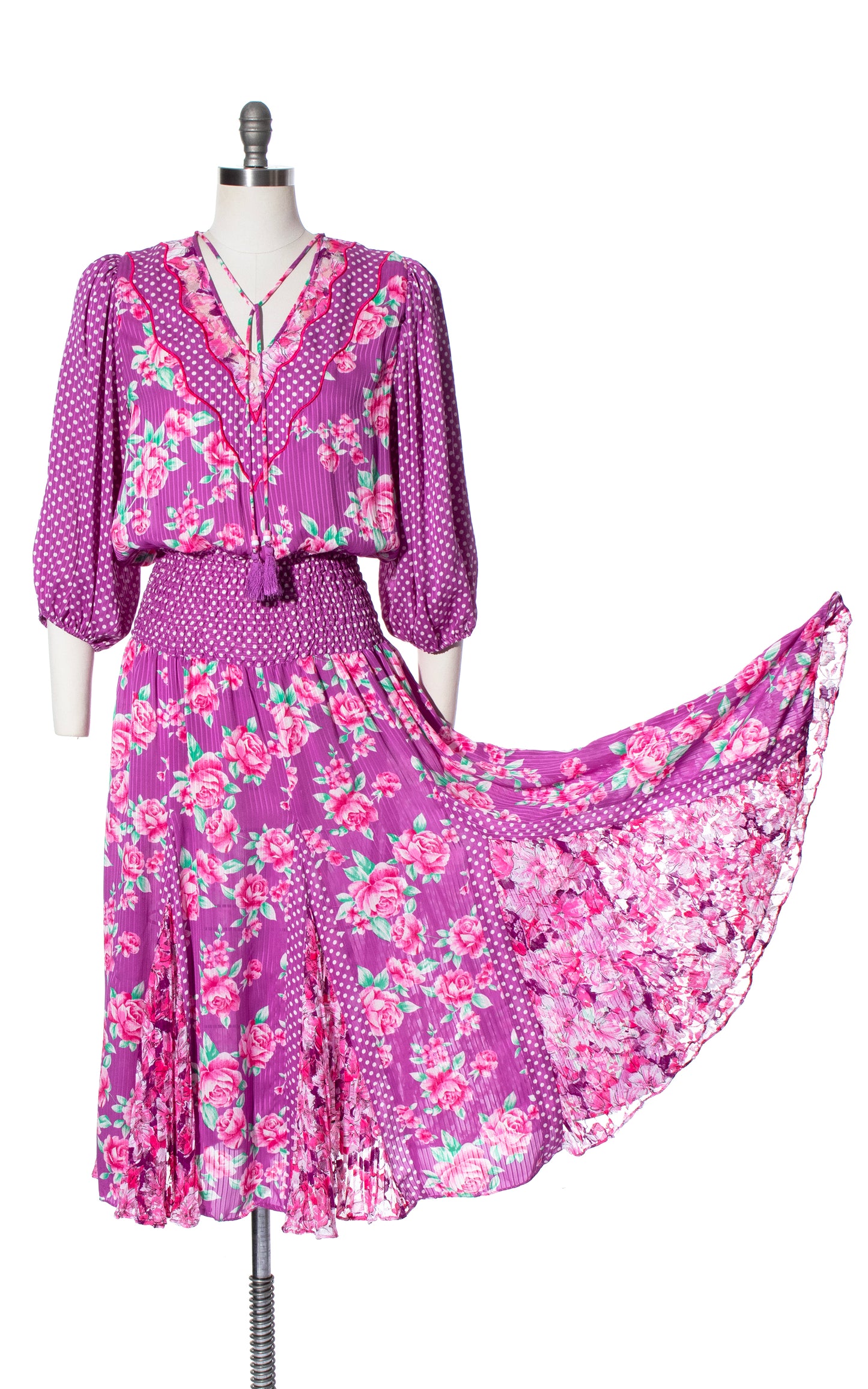 Vintage 80s 1980s DIANE FREIS Floral Balloon Sleeve Gored Skirt Lace Fit and Flare Georgette Dress BirthdayLifeVintage