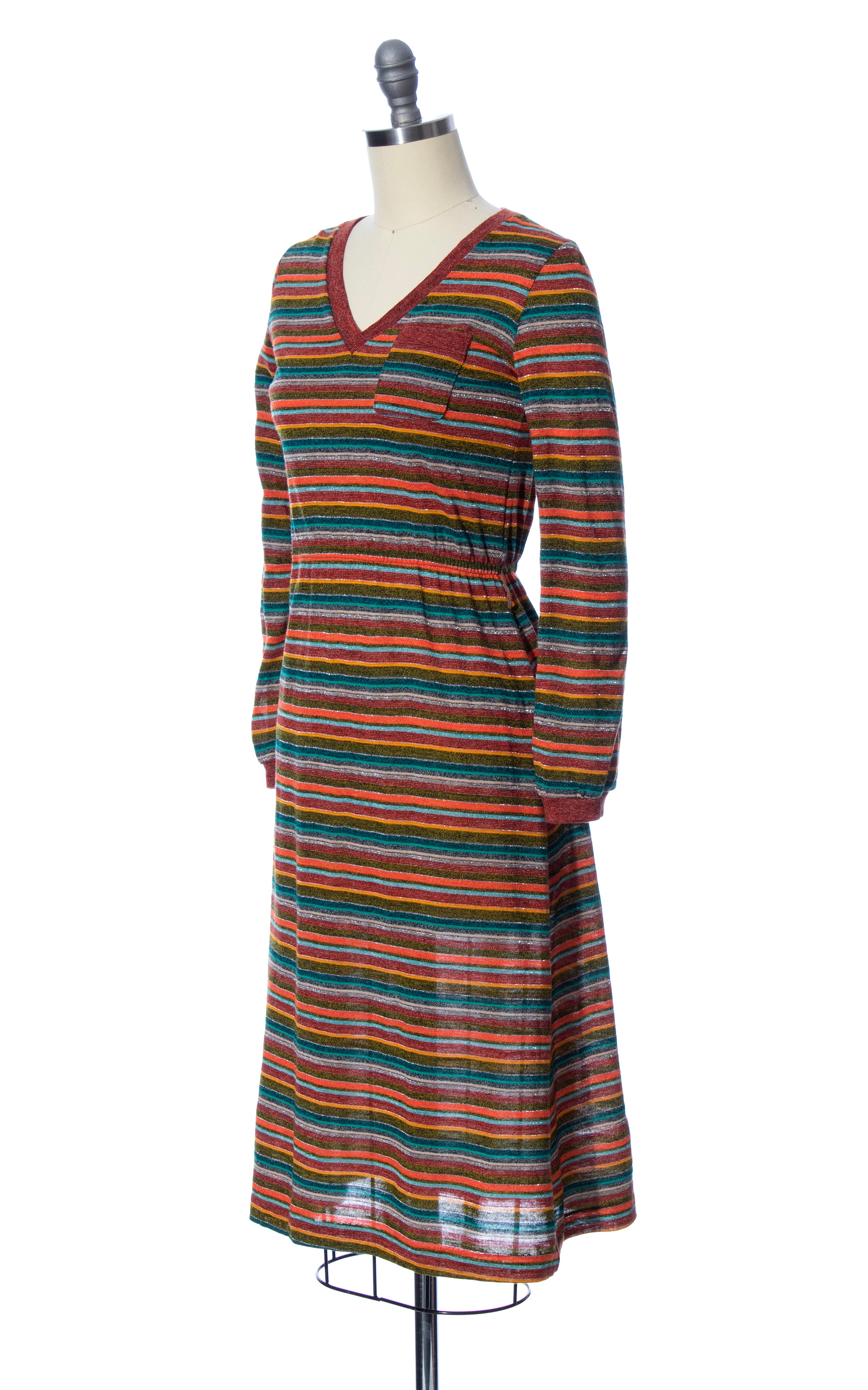 Vintage 80s 1970s Metallic Striped Jersey Knit Sweater Dress Birthday Life Vintage