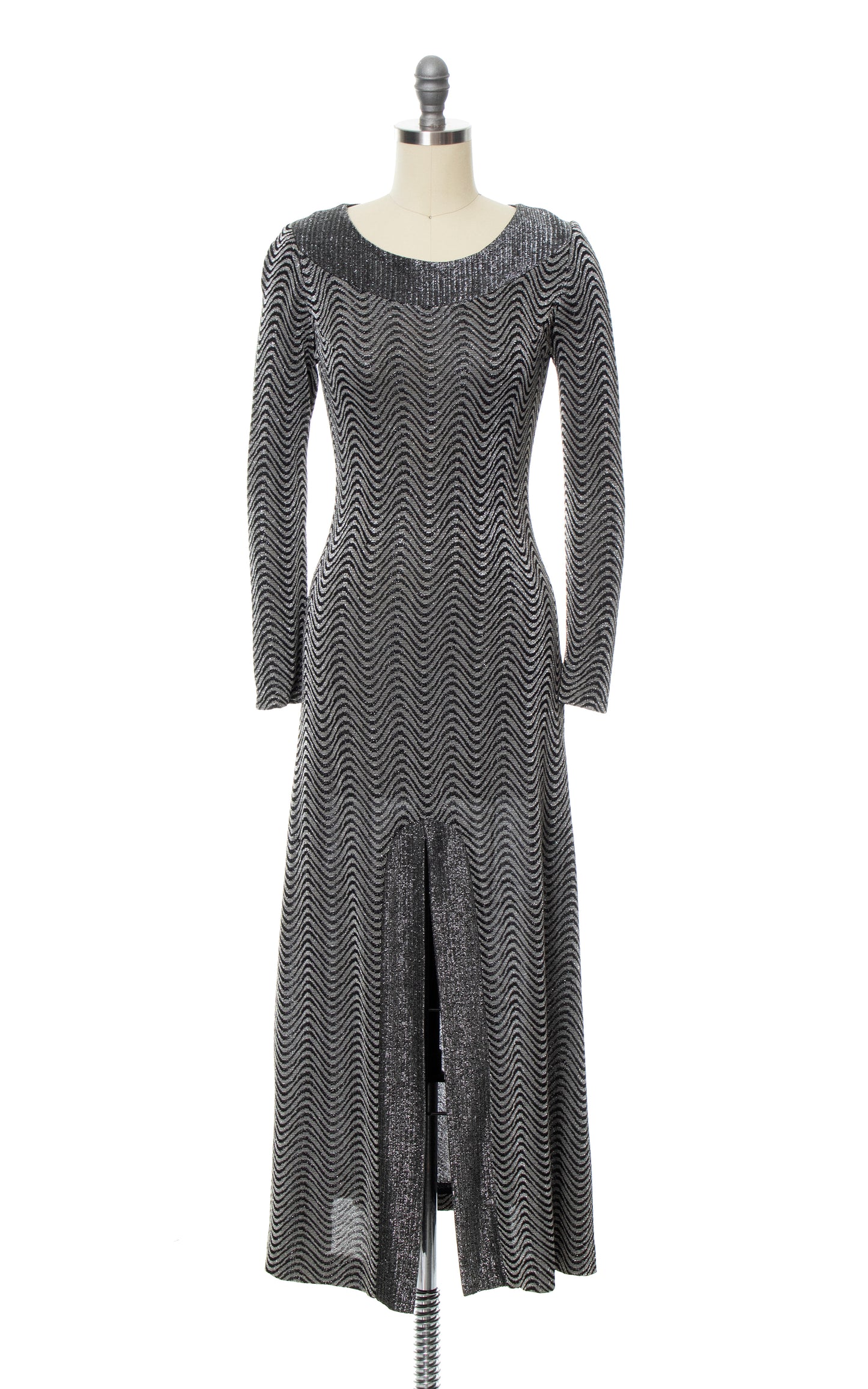 Vintage 70s 1970s Metallic Wavy Jersey Maxi Dress Birthday Life Vintage