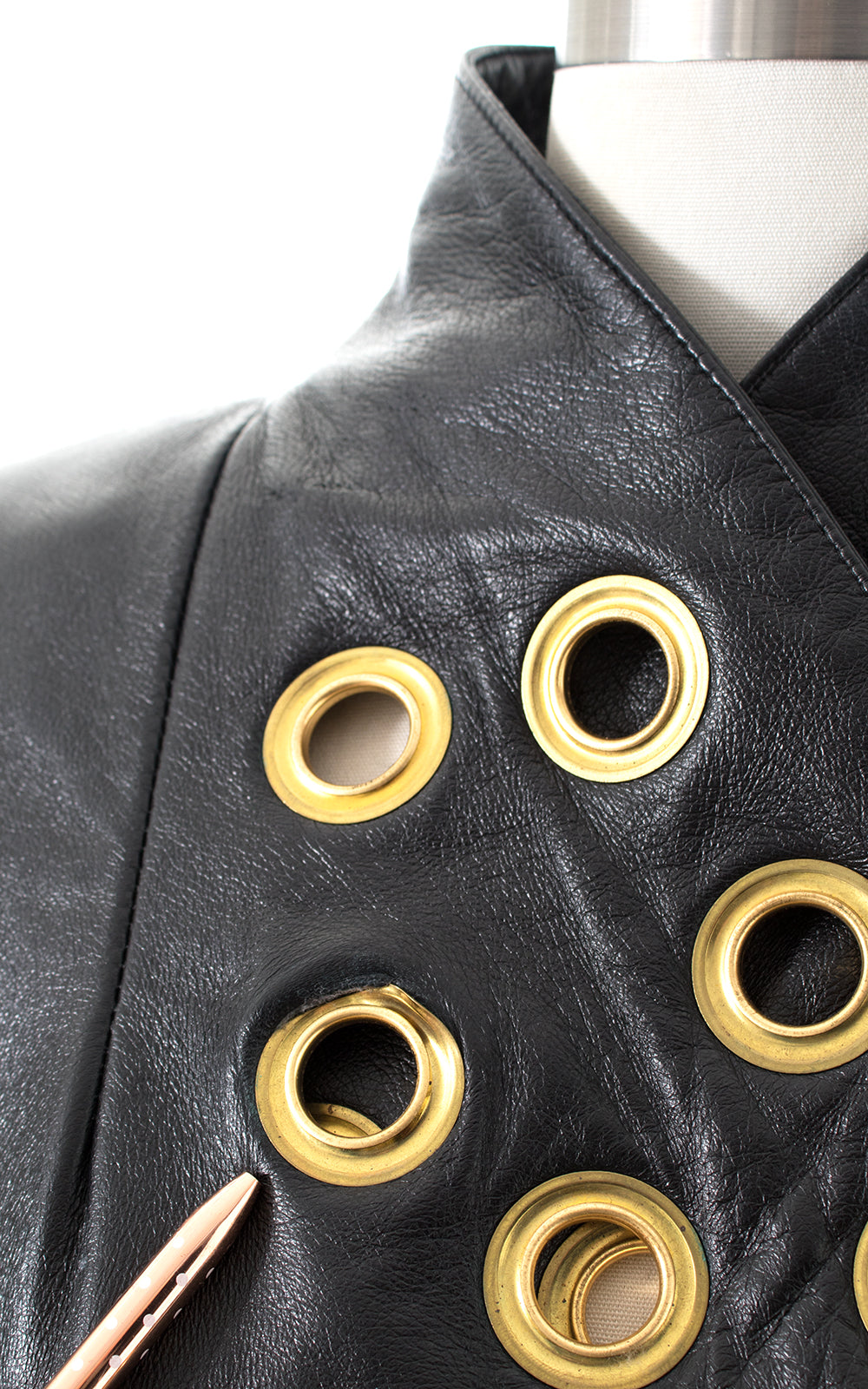 1980s 1990s Gold Grommet & Black Leather Belted Jacket