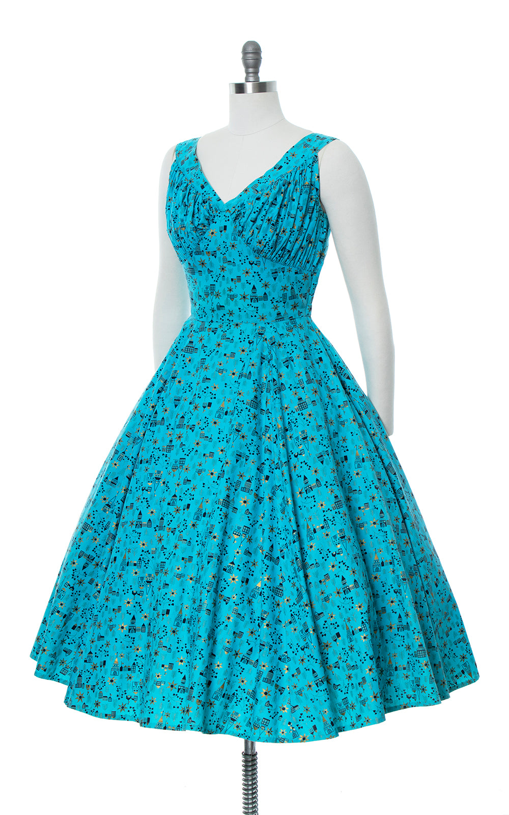1950s House Novelty Print Metallic Circle Skirt Sundress | small