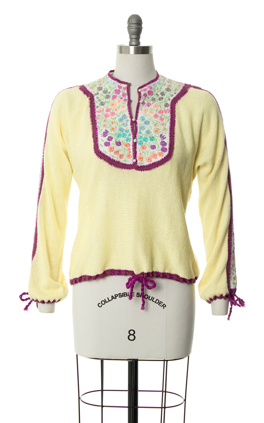 Vintage 1970s 70s Floral Embroidered Knit Drawstring Cream Sweater Birthday Life Vintage