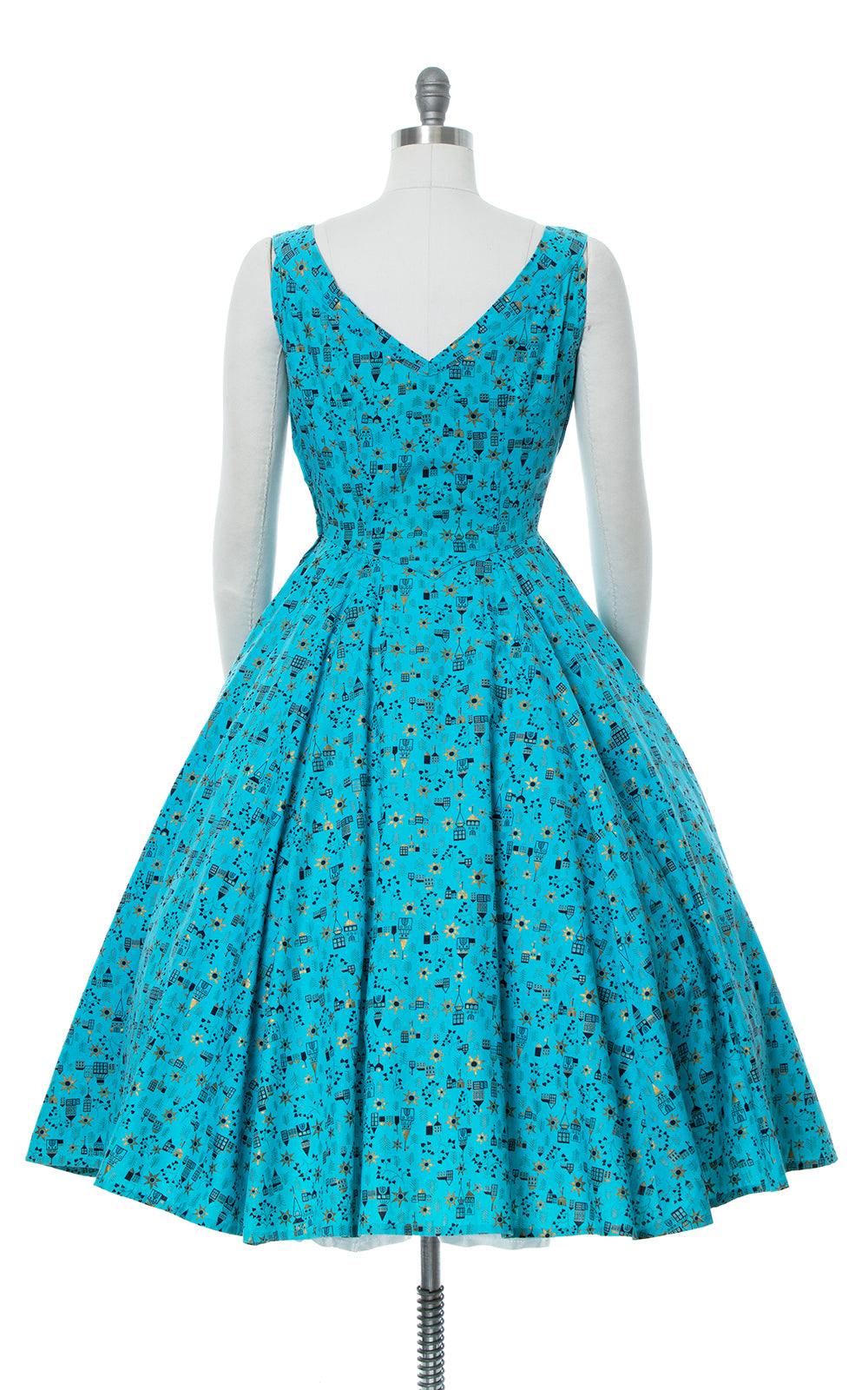 1950s House Novelty Print Metallic Circle Skirt Sundress | small