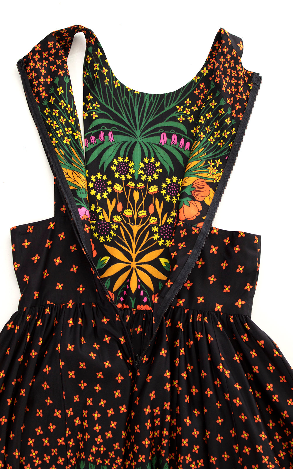 1970s Floral Border Print Bib Maxi Dress | small/medium