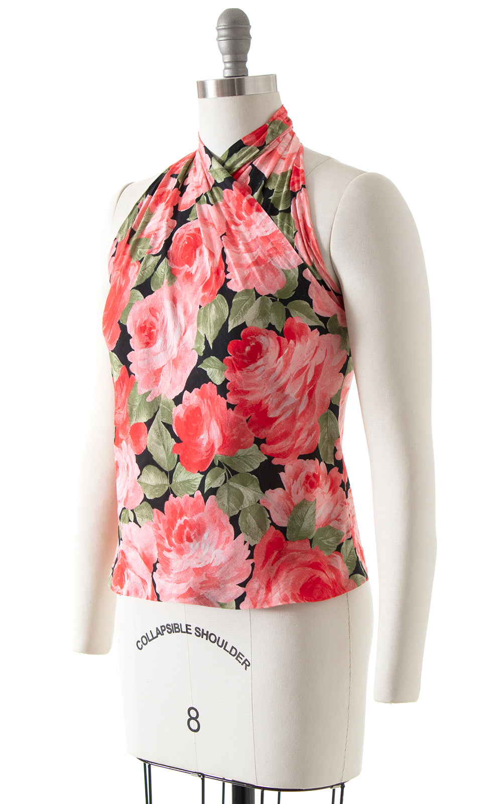 Vintage 2000s Y2K 1950s Inspired Style Rose Floral Print Printed Halter Top Cotton Blouse Birthday Life Vintage