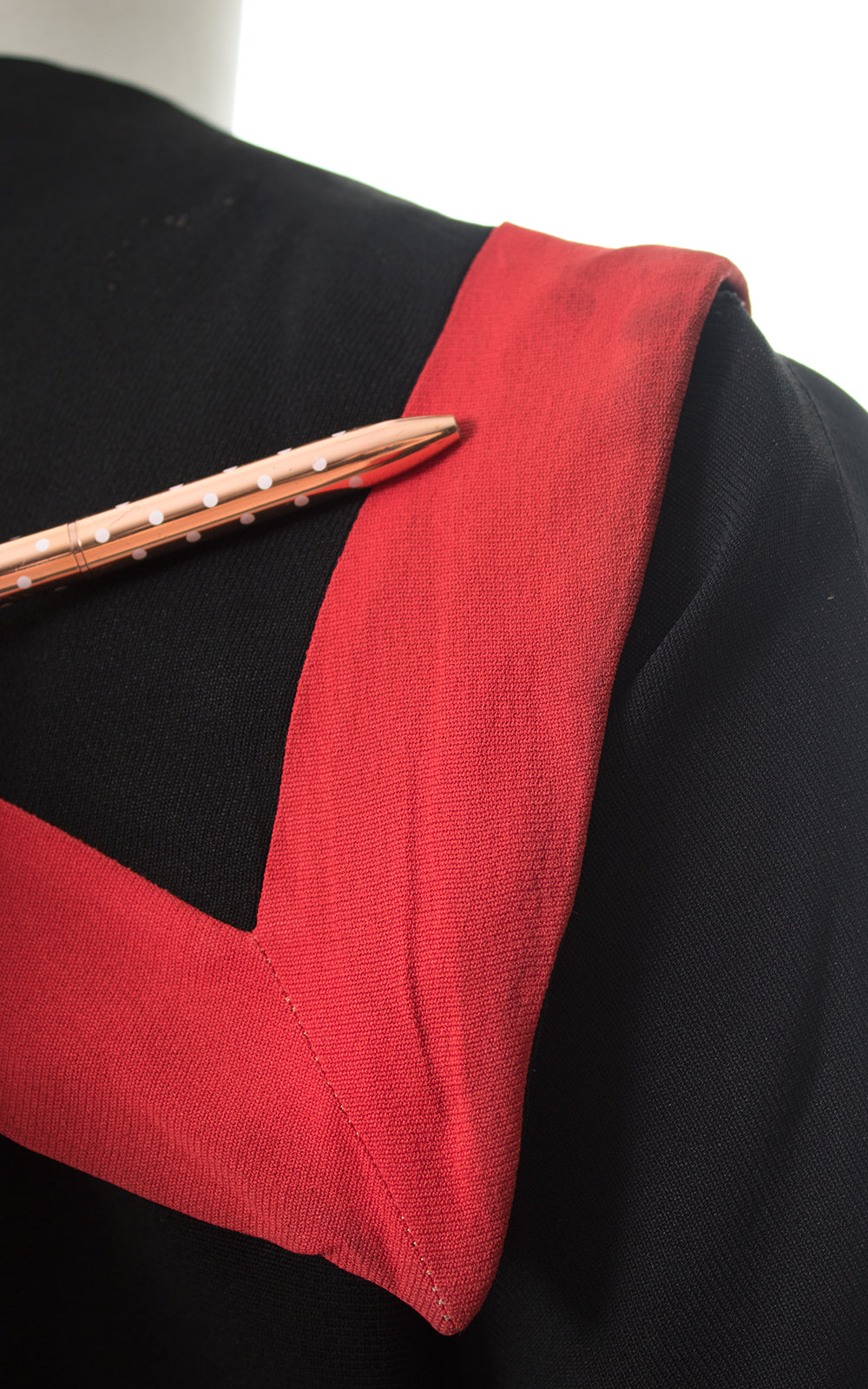 1940s Red Striped Sailor Collar Black Rayon Shirtwaist Dress