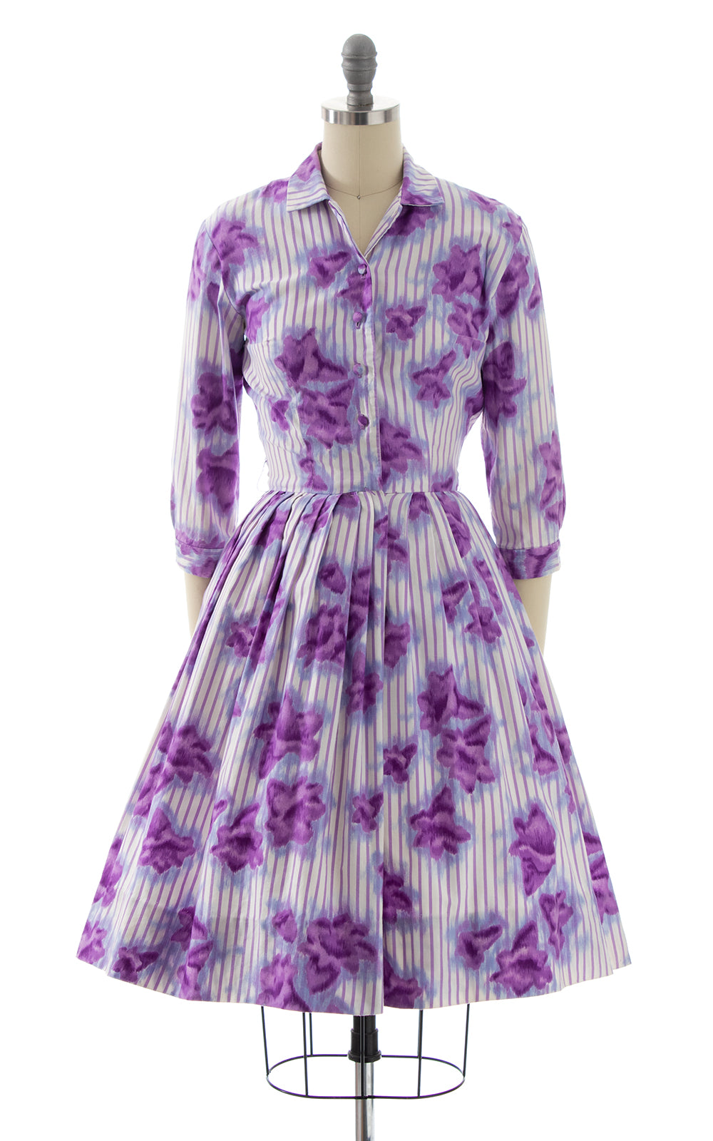 1950s Floral Striped Shirtwaist Dress | x-small