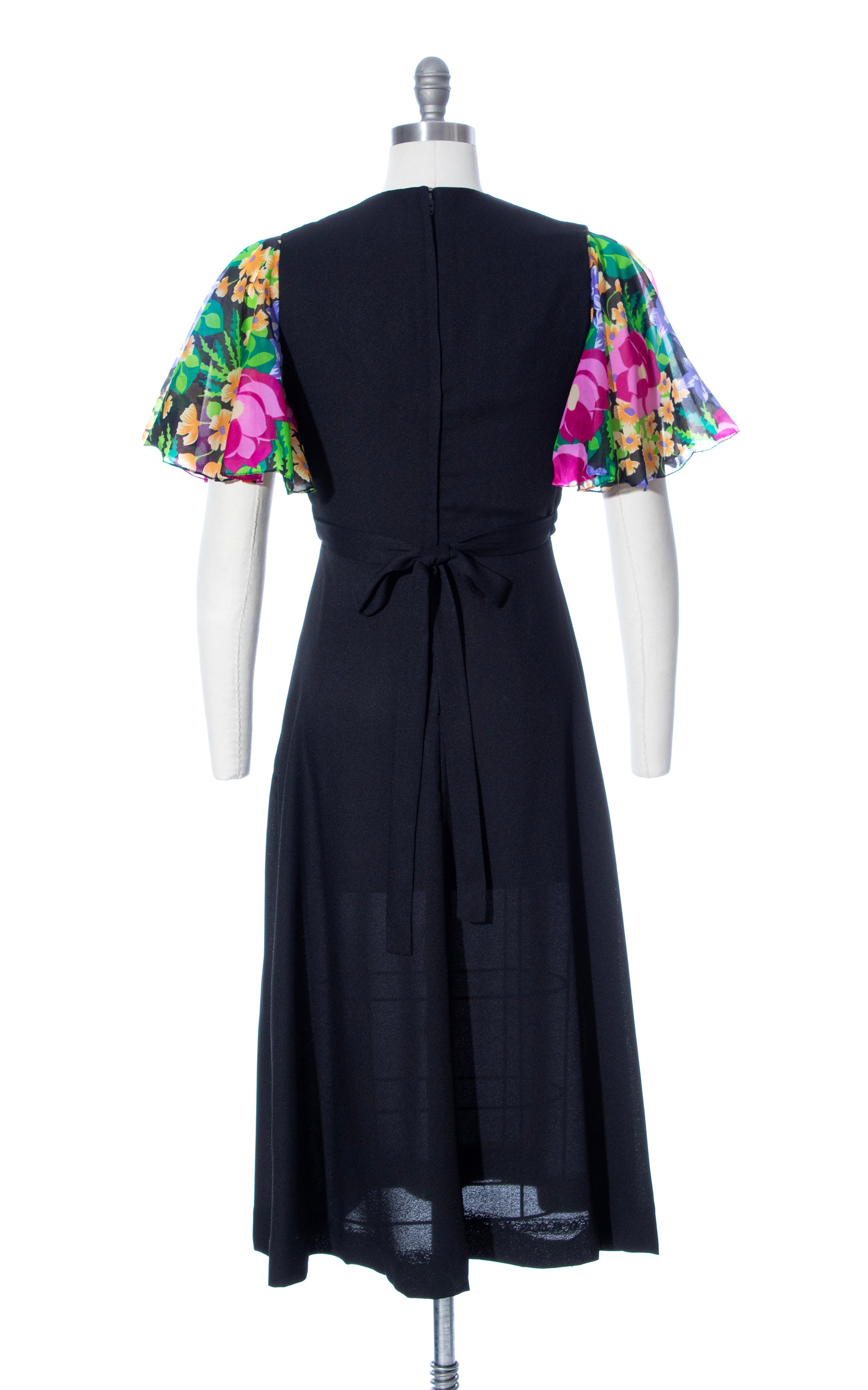 Vintage 70s 1970s Floral Flutter Sleeve Smocked Black Midi Maxi Dress Birthday Life Vintage