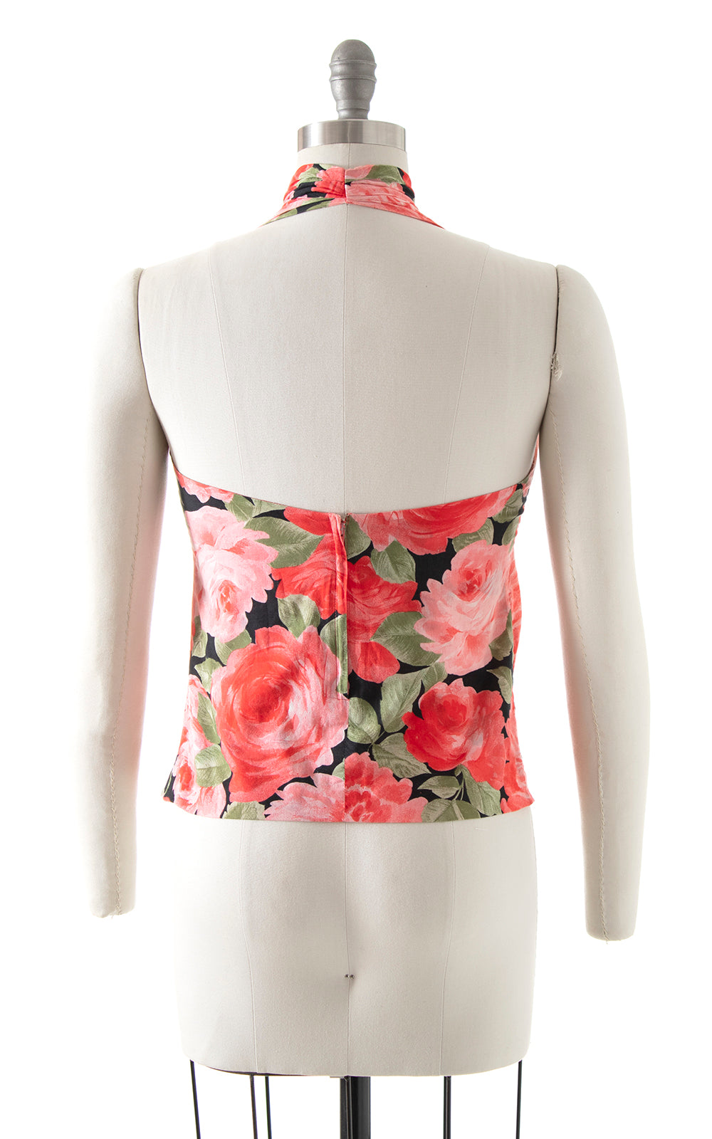 Vintage 2000s Y2K 1950s Inspired Style Rose Floral Print Printed Halter Top Cotton Blouse Birthday Life Vintage