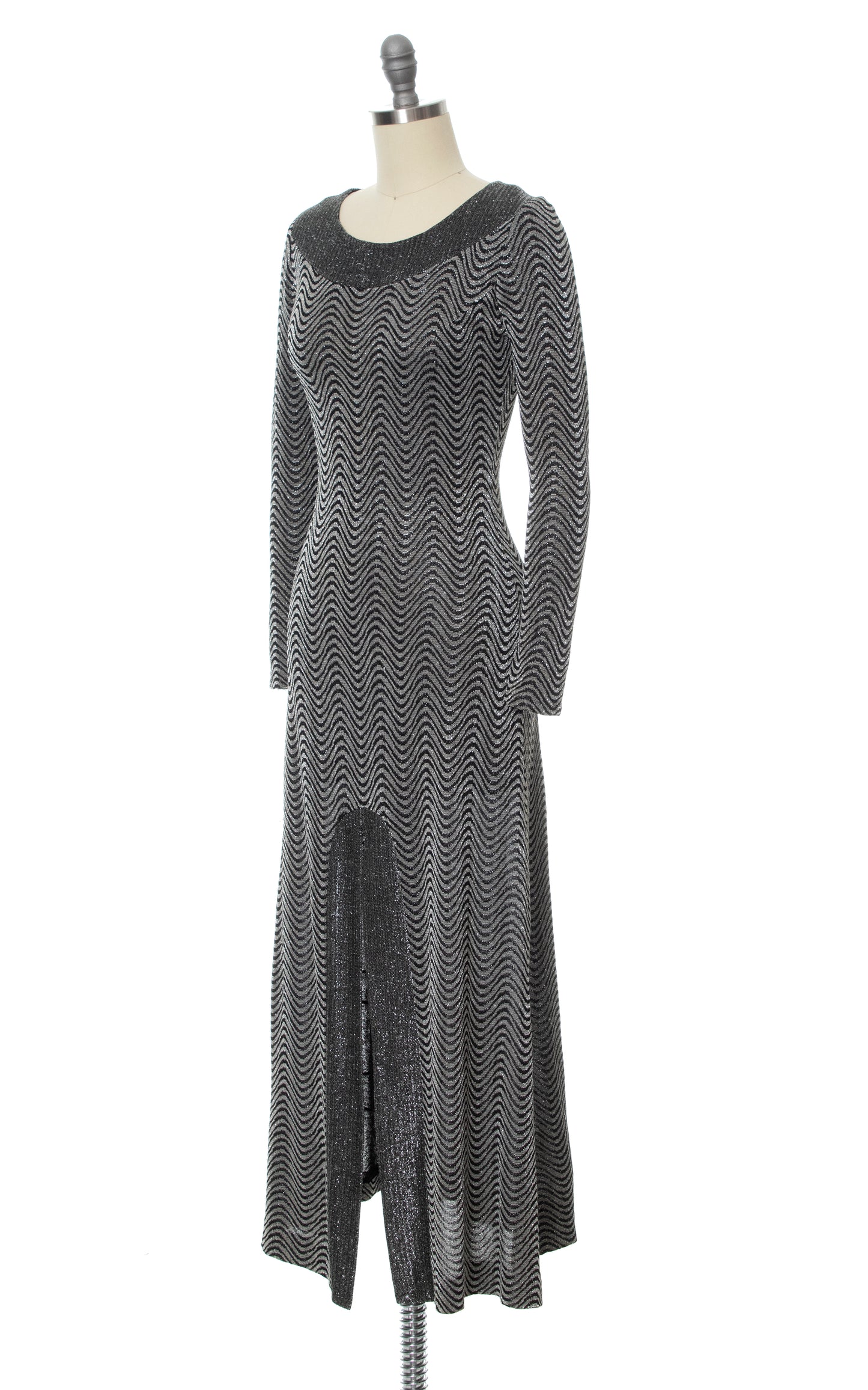 Vintage 70s 1970s Metallic Wavy Jersey Maxi Dress Birthday Life Vintage