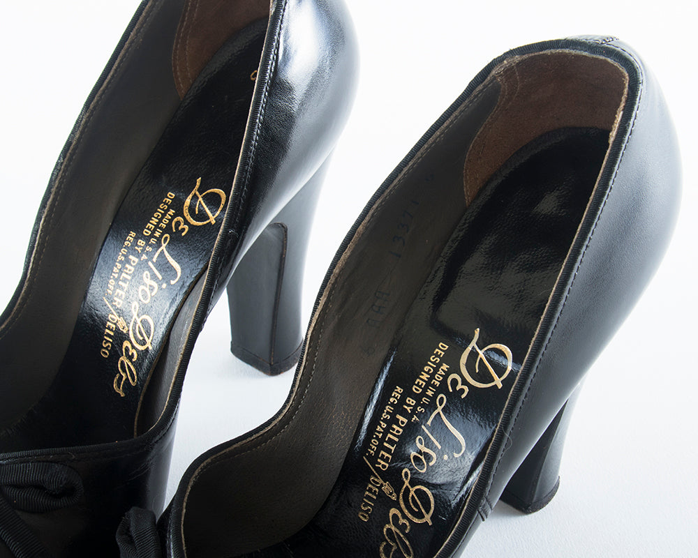 1940s Black Leather Cage Toe Babydoll Heels | size 6