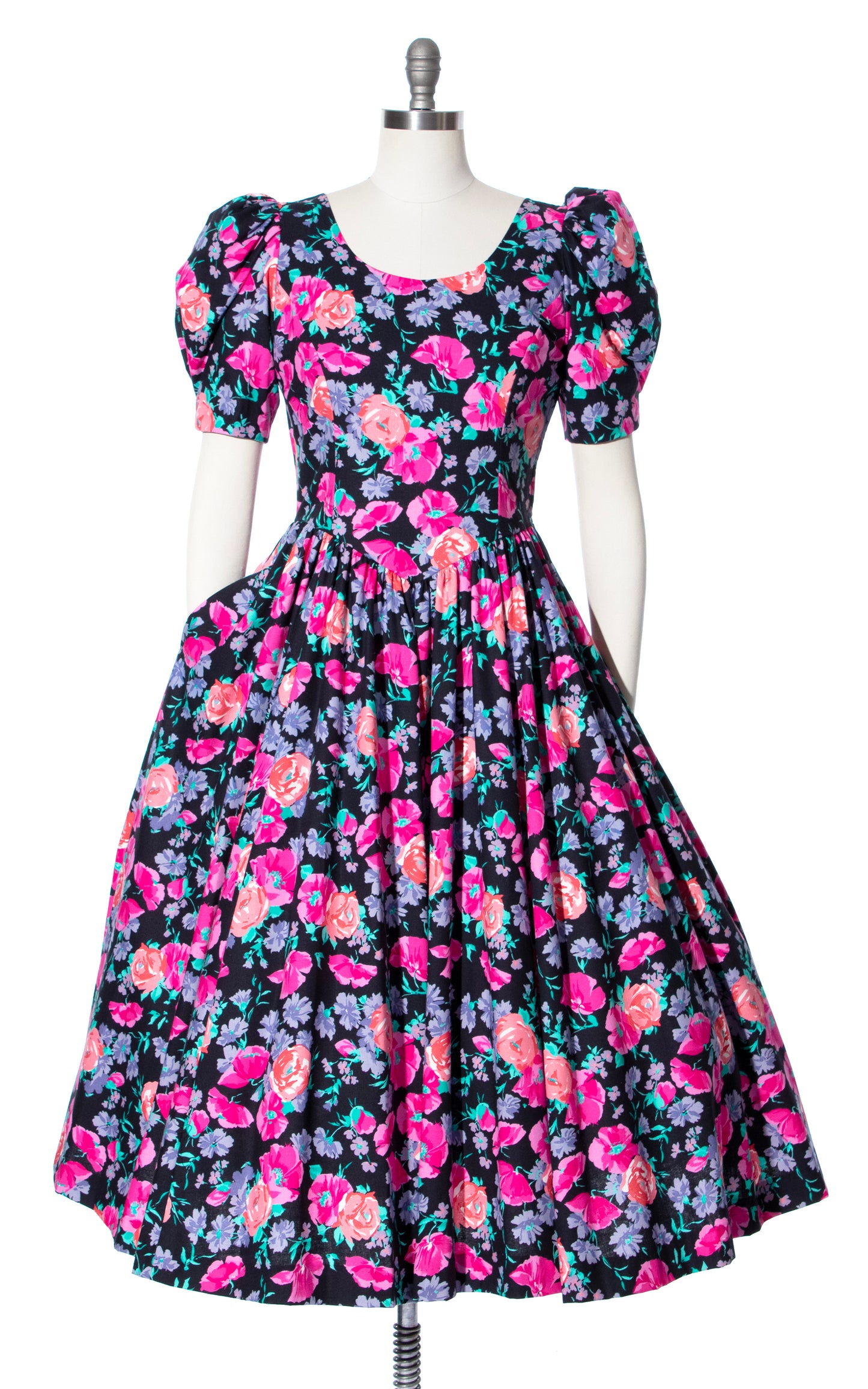 Vintage 80s 1980s LAURA ASHLEY Black Floral Cotton Puff Sleeve Fit and Flare Dress BirthdayLifeVintage