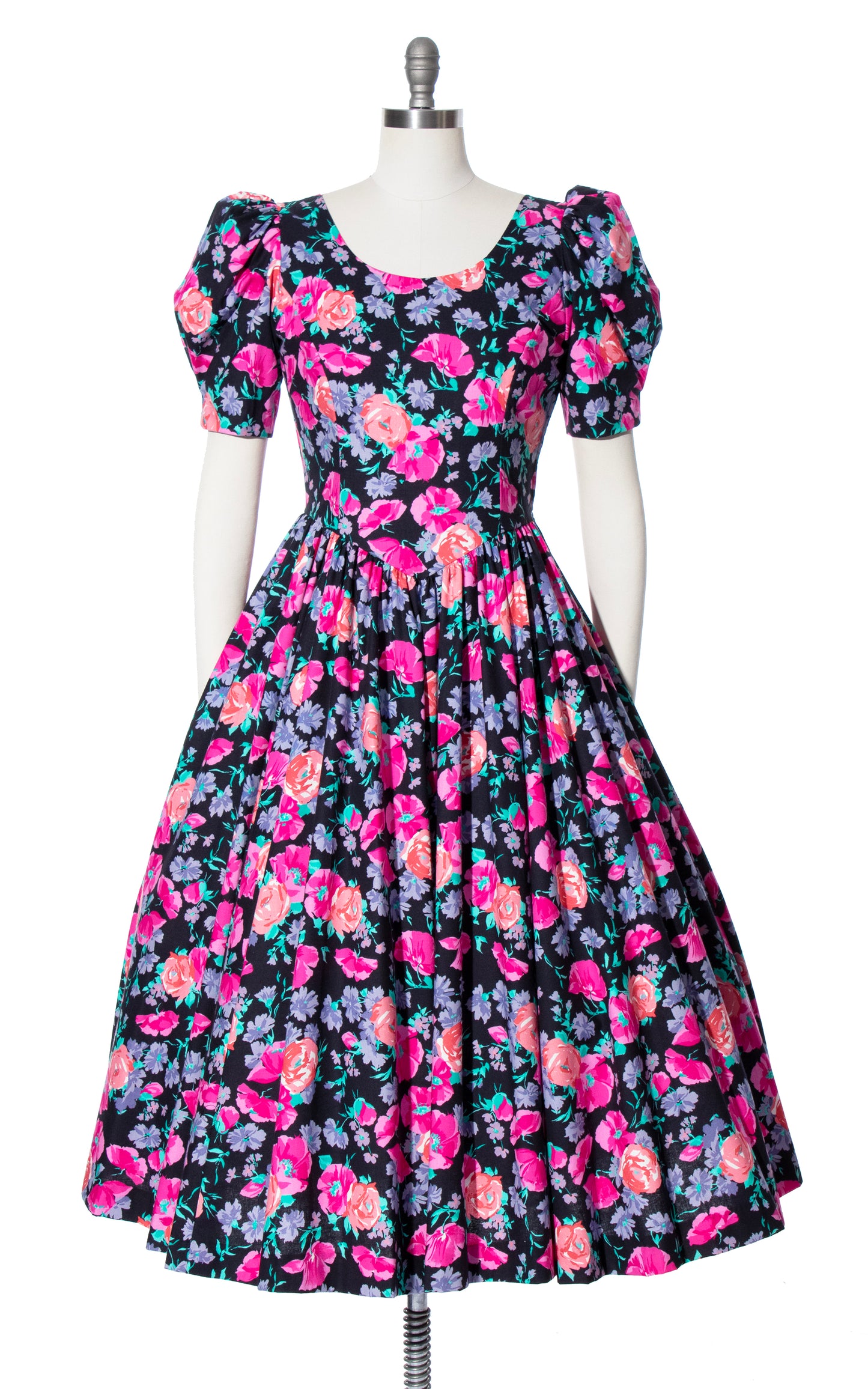 Vintage 80s 1980s LAURA ASHLEY Black Floral Cotton Puff Sleeve Fit and Flare Dress BirthdayLifeVintage