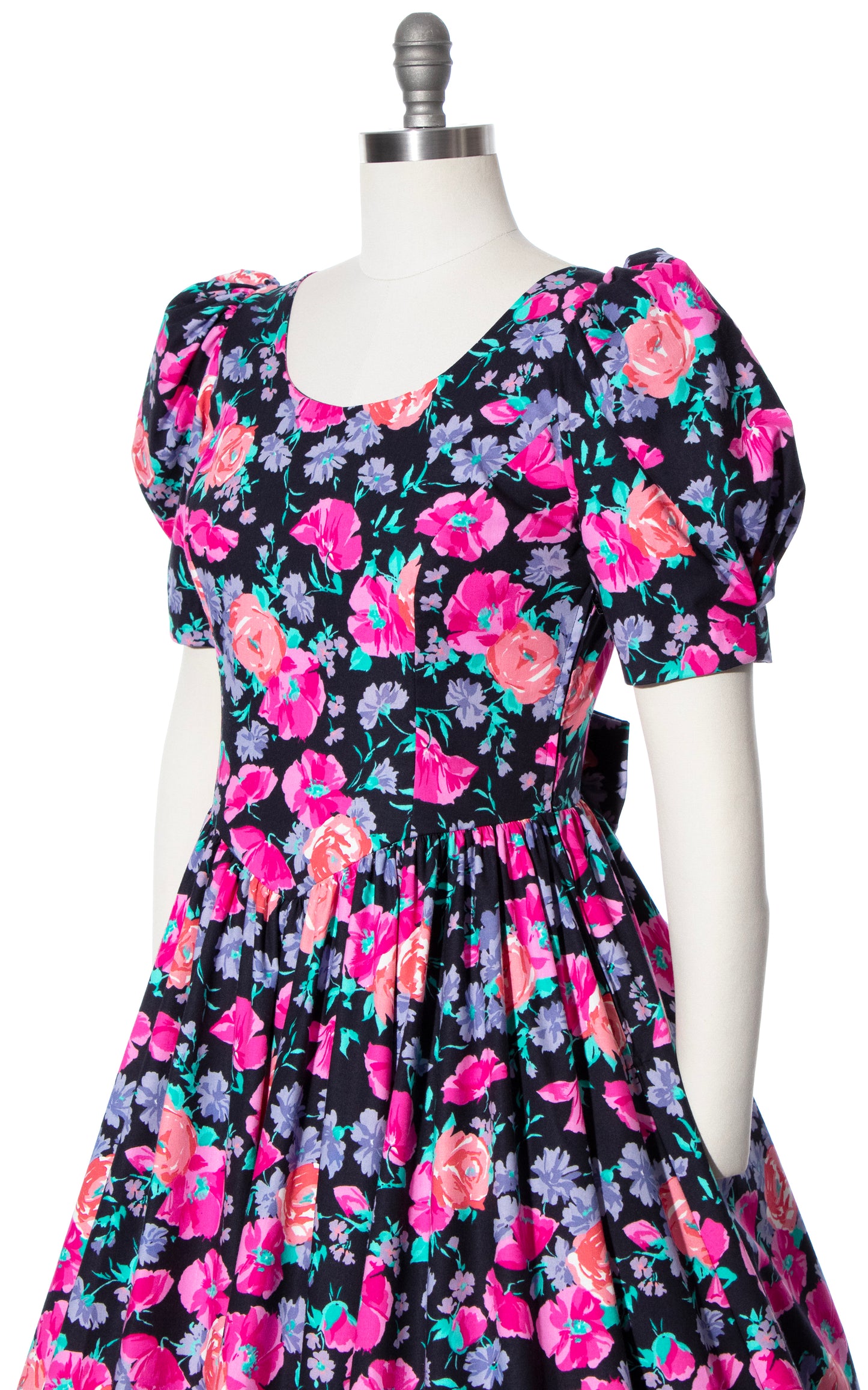 Vintage 80s 1980s LAURA ASHLEY Black Floral Cotton Puff Sleeve Fit and Flare Dress BirthdayLifeVintage
