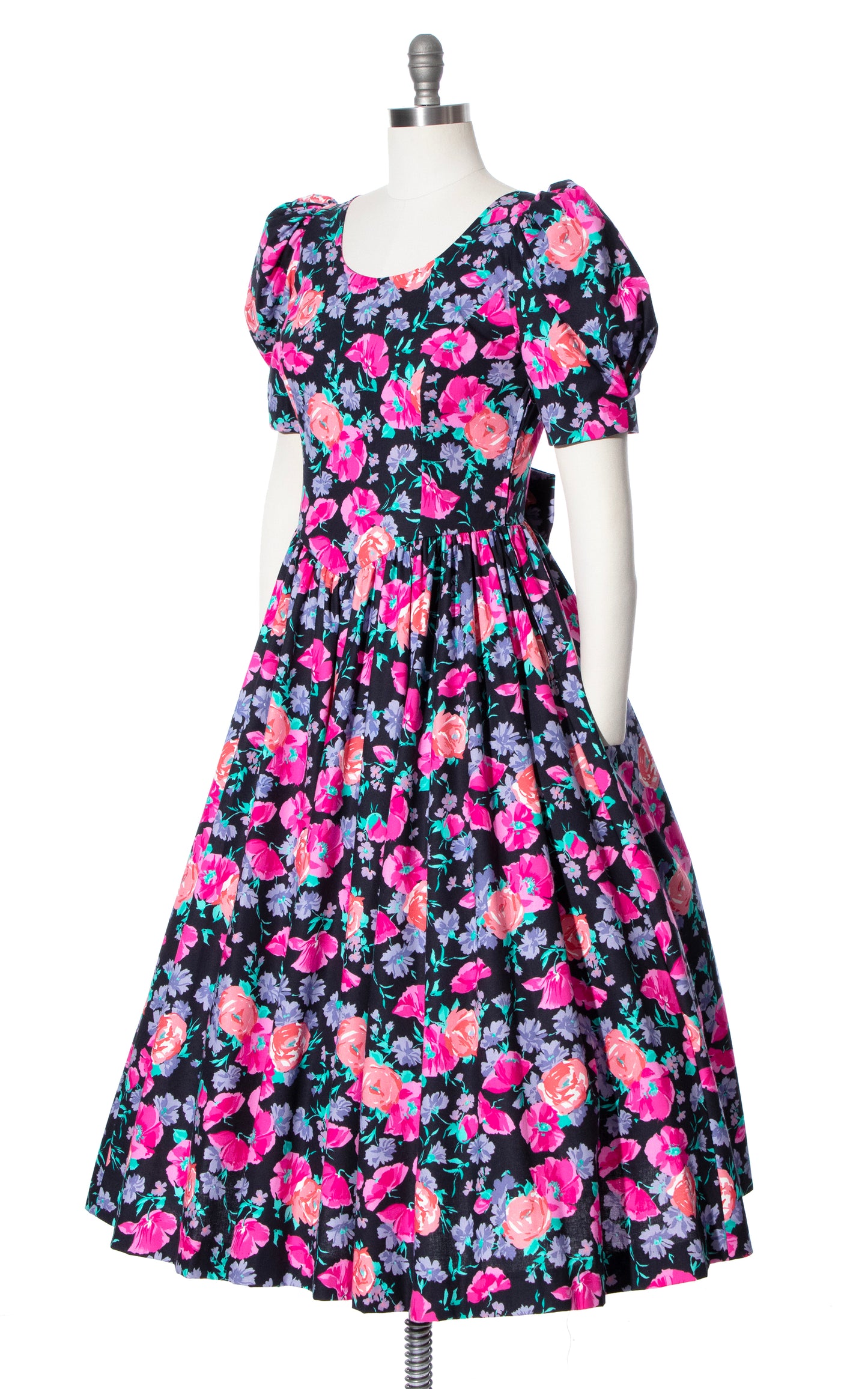 Vintage 80s 1980s LAURA ASHLEY Black Floral Cotton Puff Sleeve Fit and Flare Dress BirthdayLifeVintage