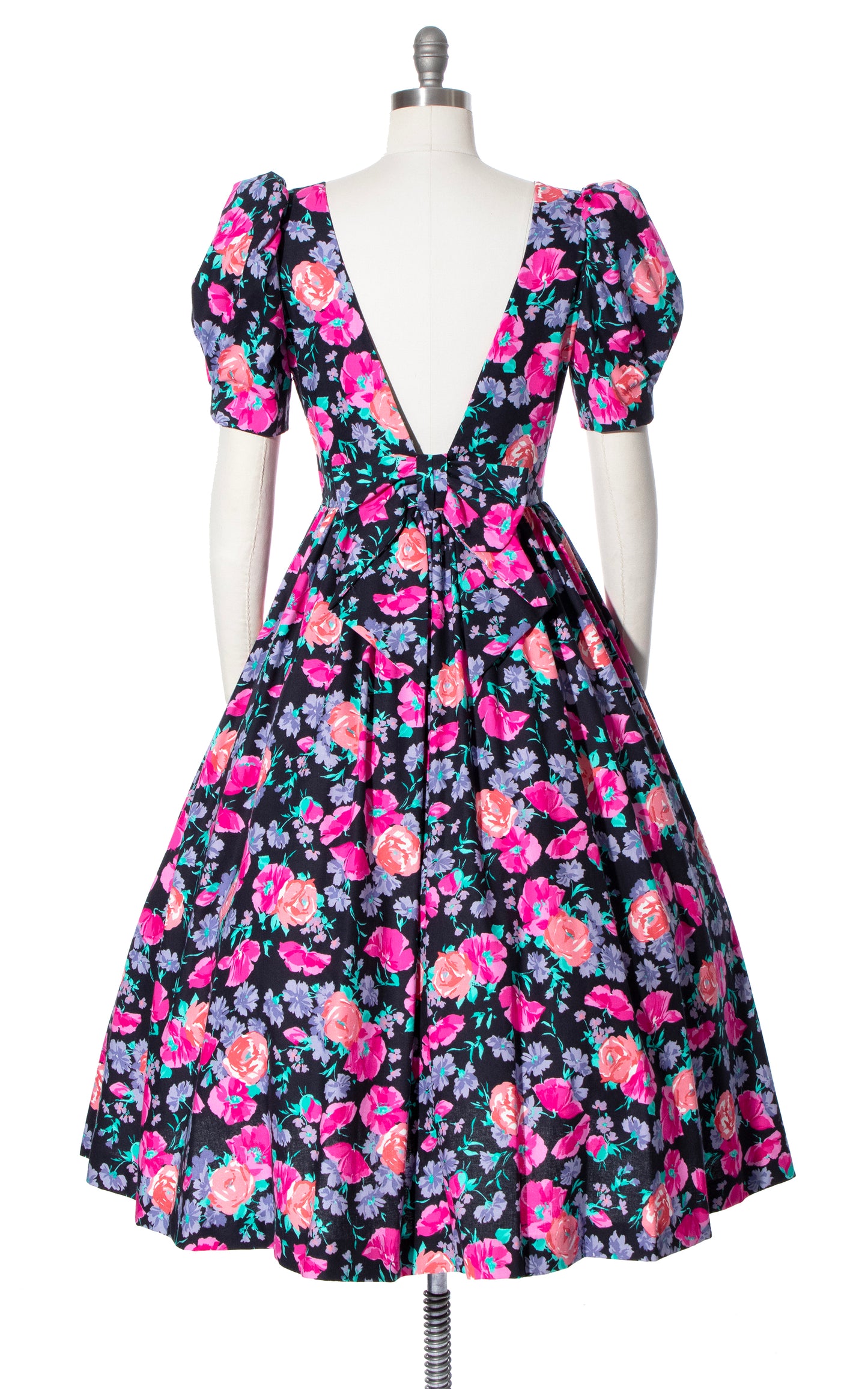 Vintage 80s 1980s LAURA ASHLEY Black Floral Cotton Puff Sleeve Fit and Flare Dress BirthdayLifeVintage