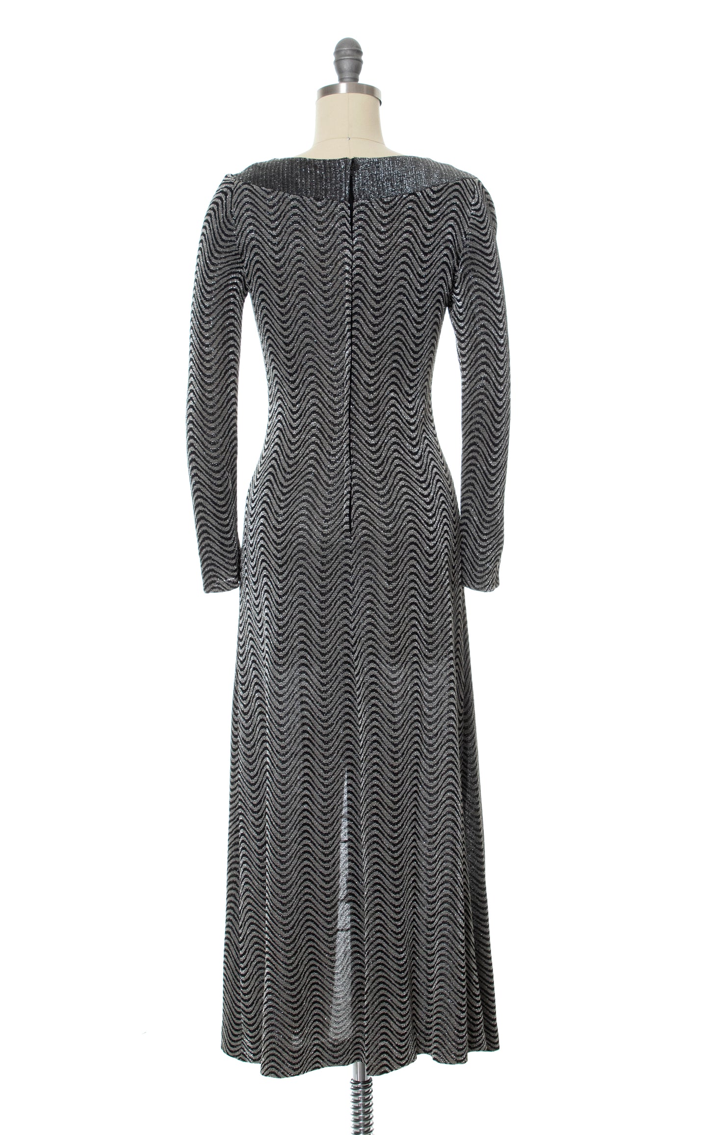 Vintage 70s 1970s Metallic Wavy Jersey Maxi Dress Birthday Life Vintage