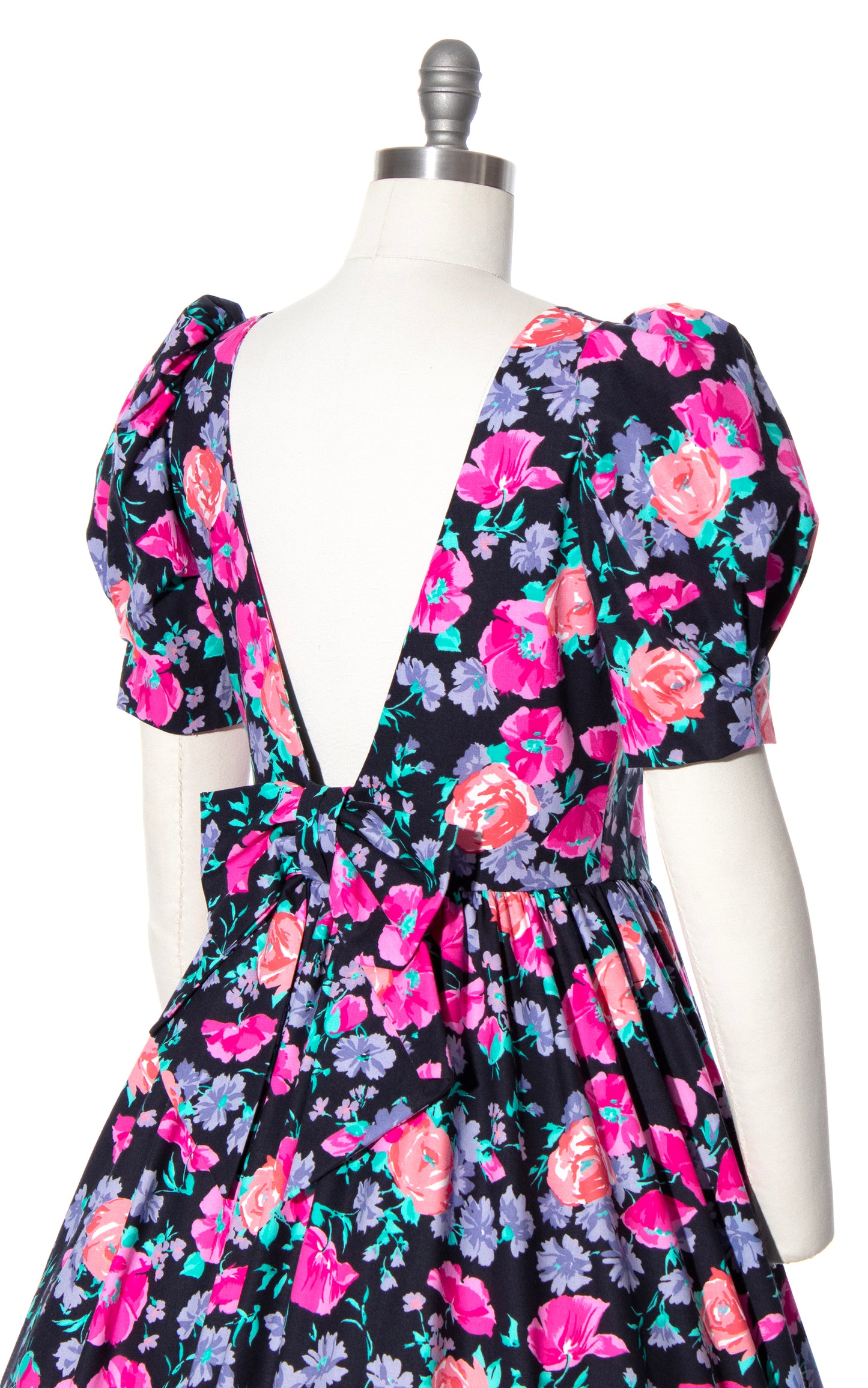 Vintage 80s 1980s LAURA ASHLEY Black Floral Cotton Puff Sleeve Fit and Flare Dress BirthdayLifeVintage