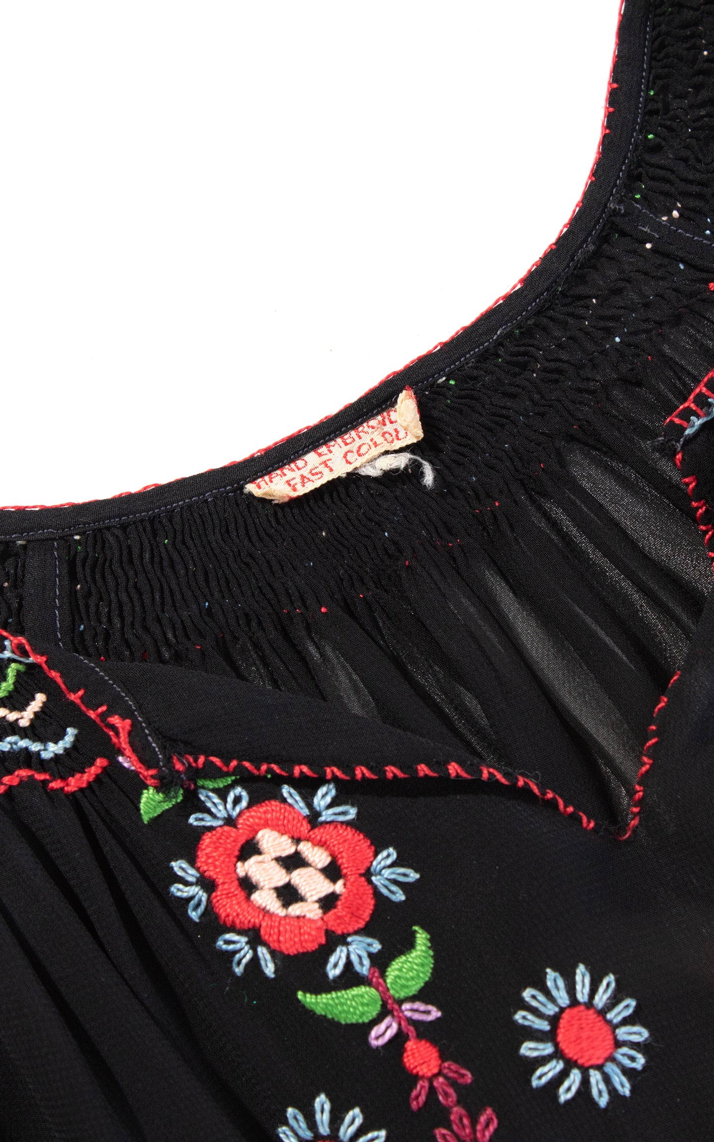 Vintage 40s 1940s Floral Embroidered Peasant Top Sheer Black Rayon Cropped Blouse BirthdayLifeVintage