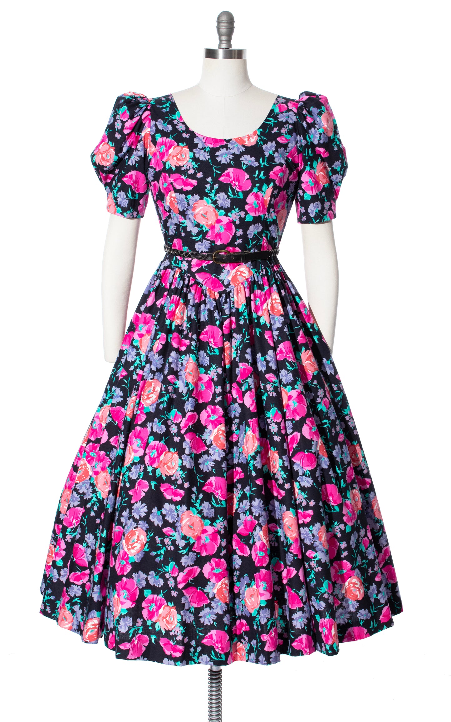 Vintage 80s 1980s LAURA ASHLEY Black Floral Cotton Puff Sleeve Fit and Flare Dress BirthdayLifeVintage