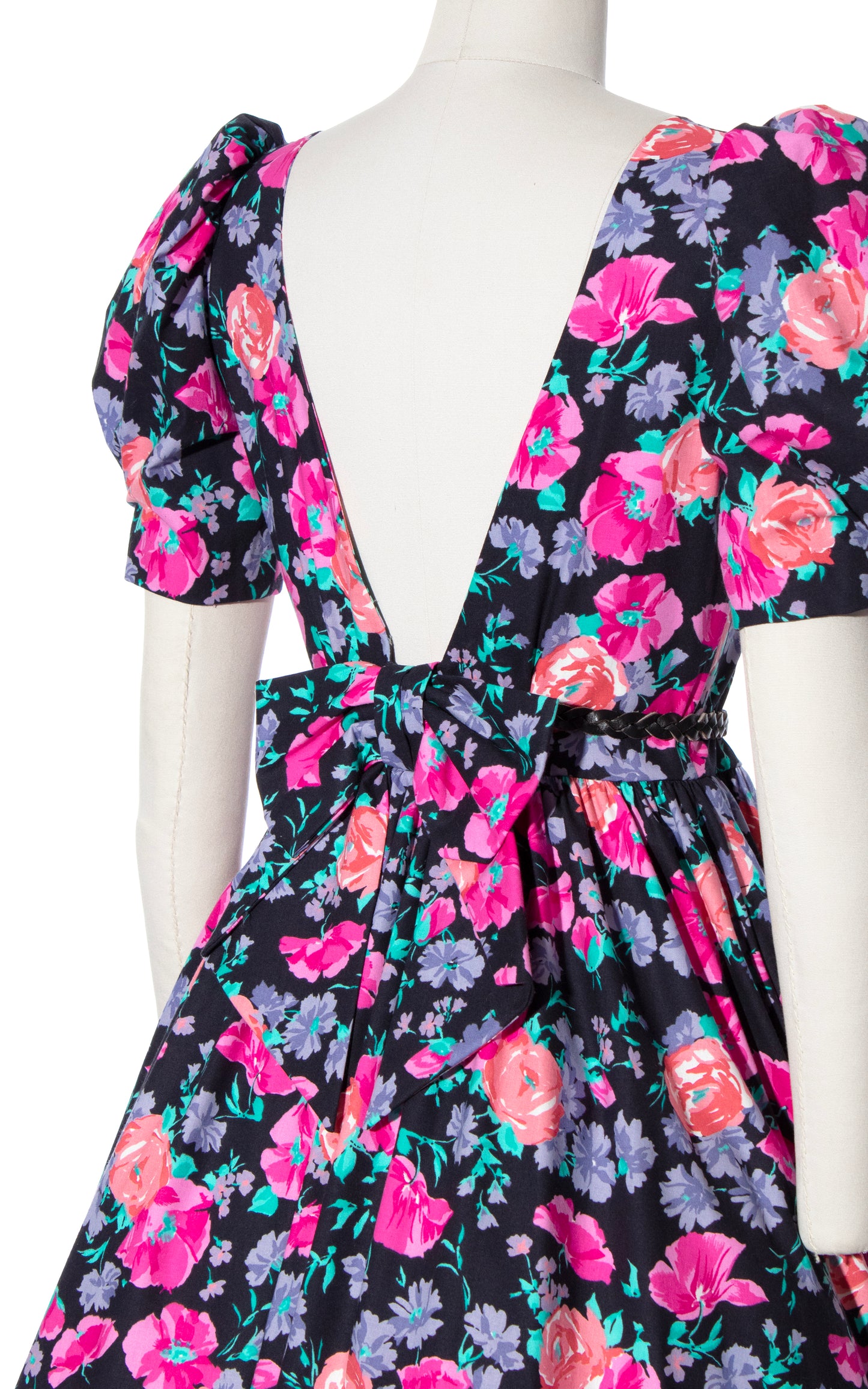 Vintage 80s 1980s LAURA ASHLEY Black Floral Cotton Puff Sleeve Fit and Flare Dress BirthdayLifeVintage
