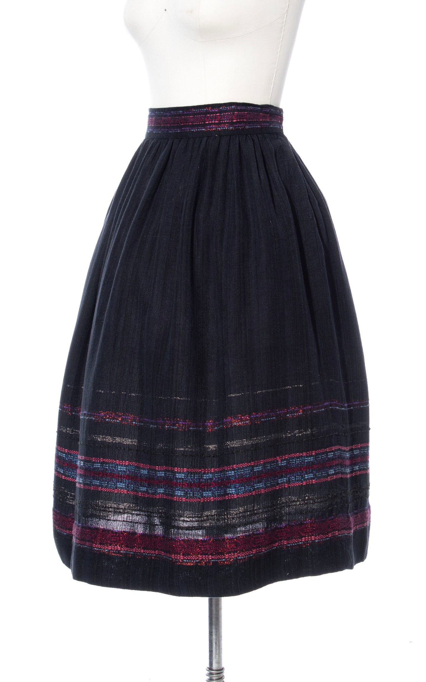 Vintage 60s 1960s Hand-Woven Striped Cotton Black Pink Border Skirt BirthdayLifeVintage