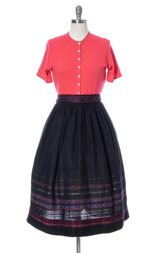Vintage 60s 1960s Hand-Woven Striped Cotton Black Pink Border Skirt BirthdayLifeVintage