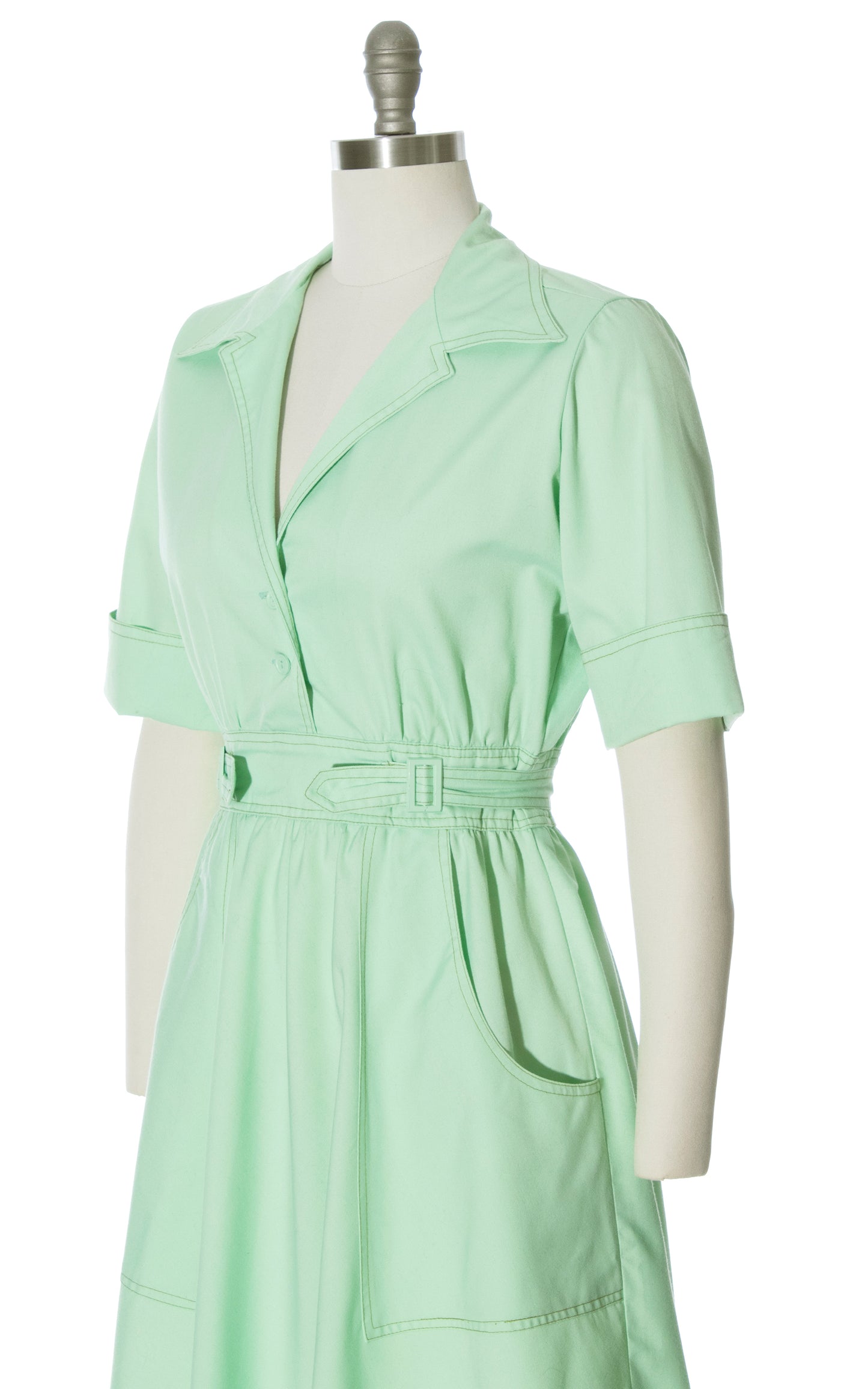 Vintage 70s 1970s Mint Green Buckled Waist Dress with Pockets Birthday Life Vintage
