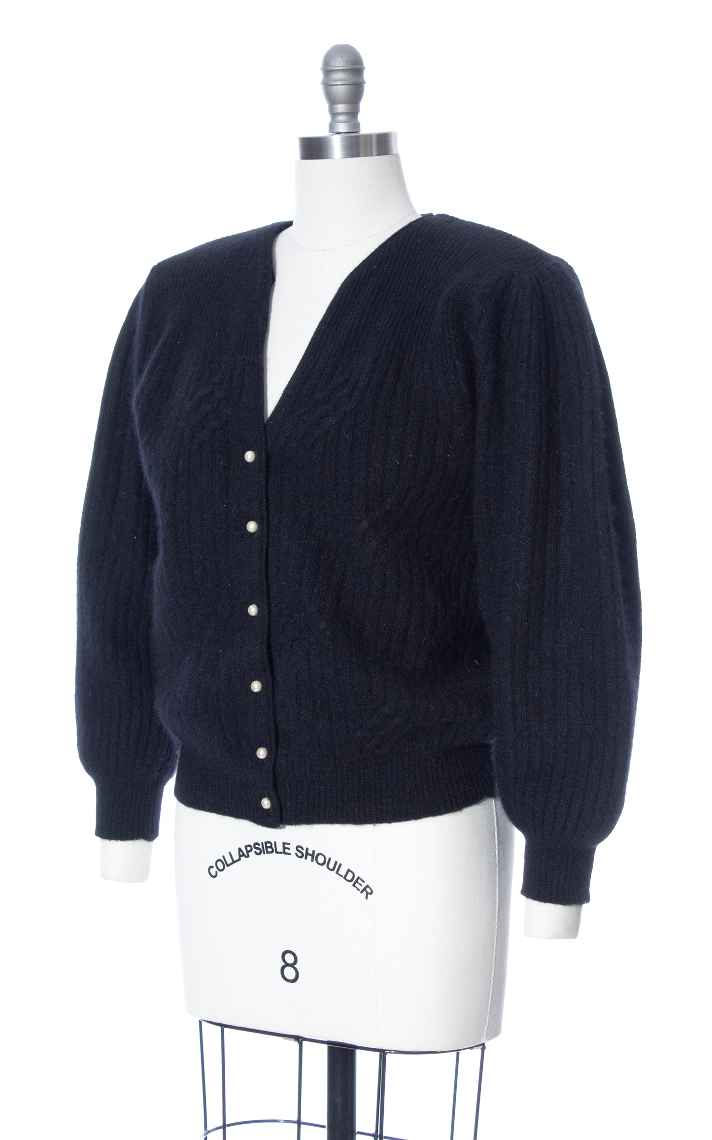 Vintage 80s 1980s Black Wool Angora Knit Puff Sleeve Cardigan Birthday Life Vintage