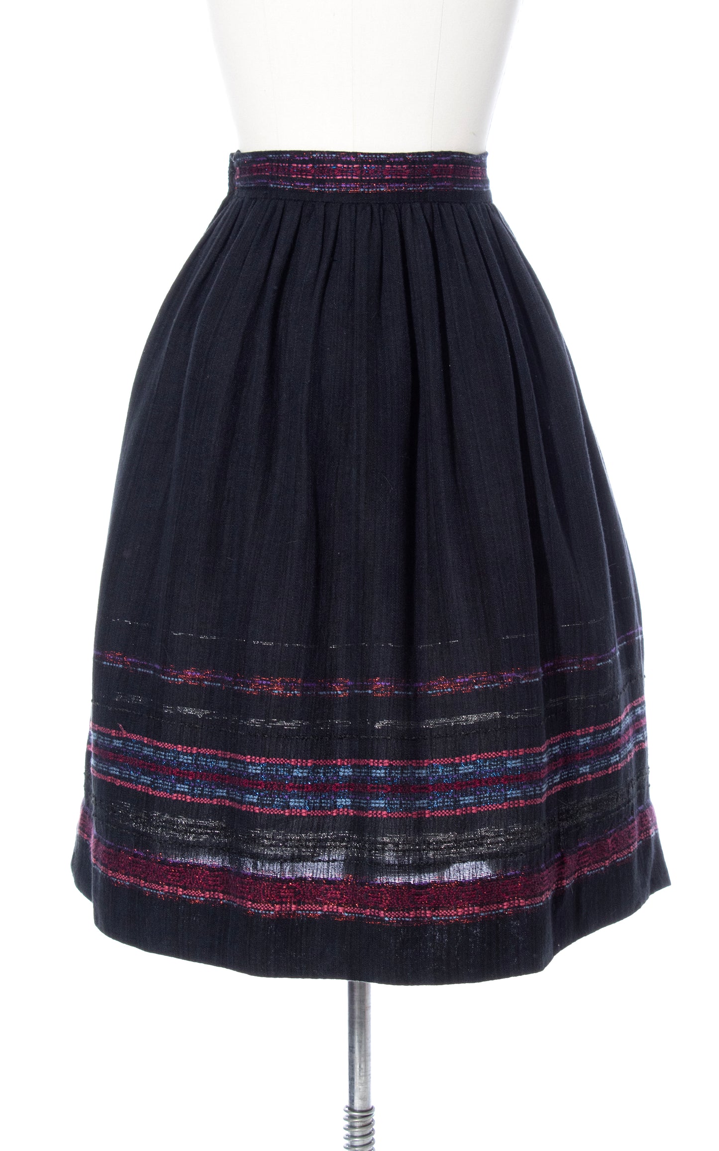 Vintage 60s 1960s Hand-Woven Striped Cotton Black Pink Border Skirt BirthdayLifeVintage