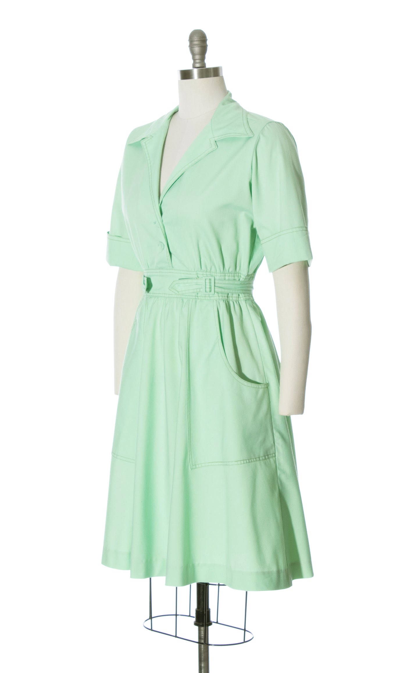 Vintage 70s 1970s Mint Green Buckled Waist Dress with Pockets Birthday Life Vintage