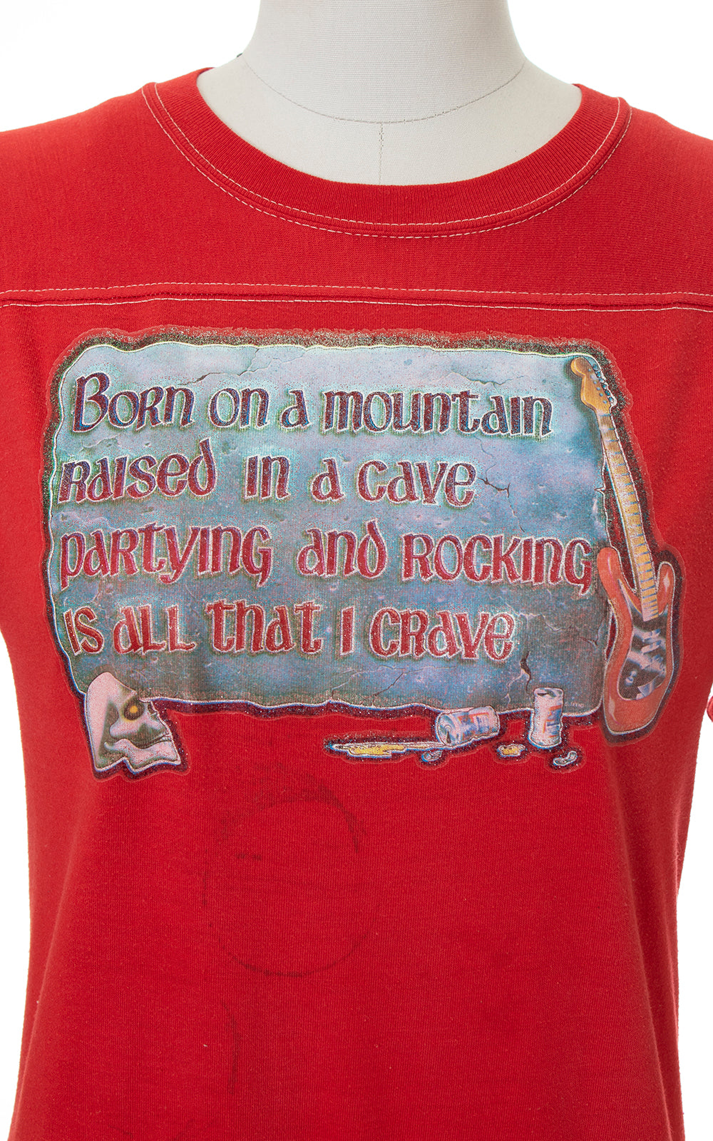 Vintage 1970s Rocker Metal Guitar Skull Novelty Iron-On Transfer Tee by Birthday Life Vintage