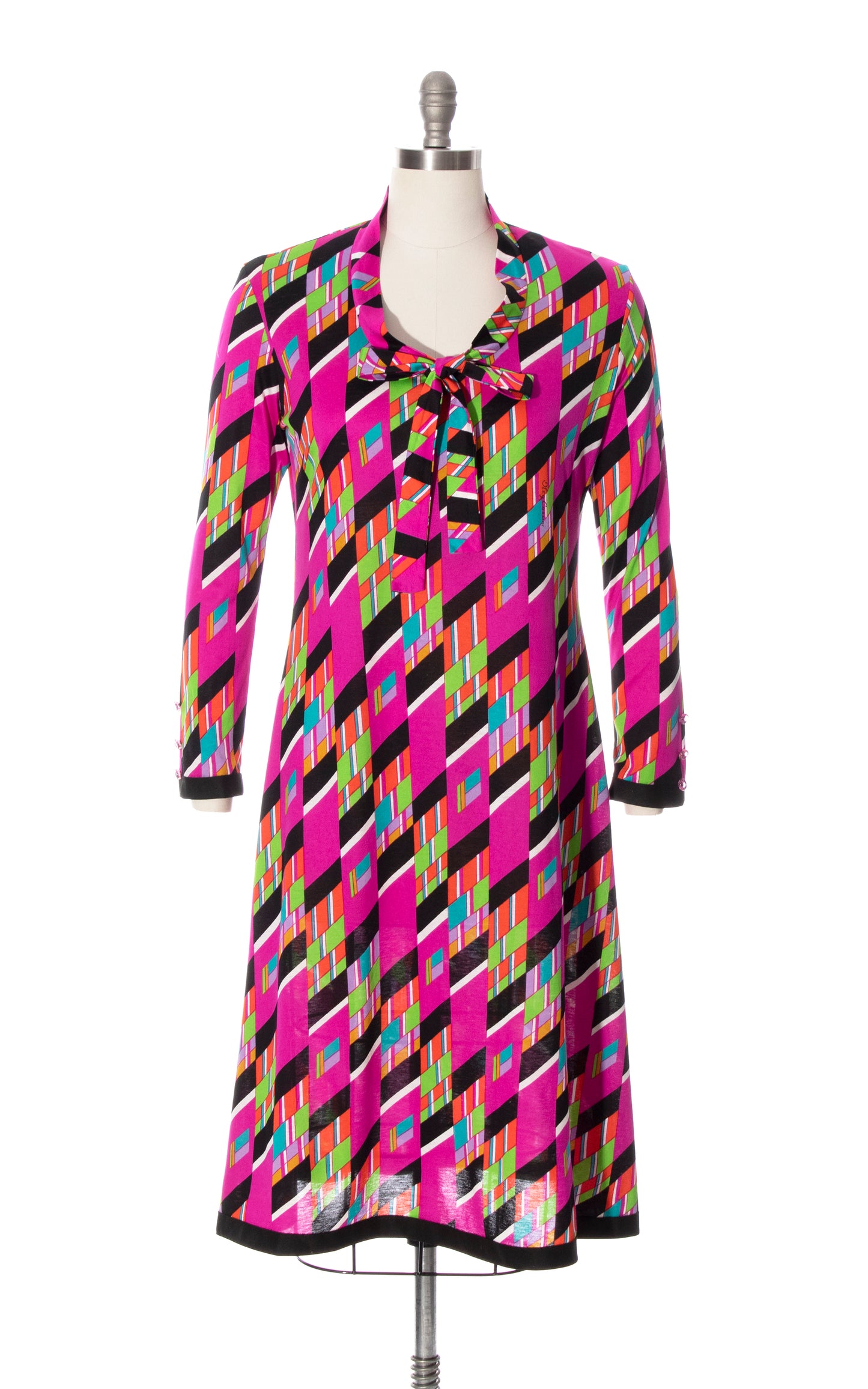 Vintage 70s 1970s OLEG CASSINI Geometric Printed Jersey Psychedelic Shift Dress Birthday Life Vintage