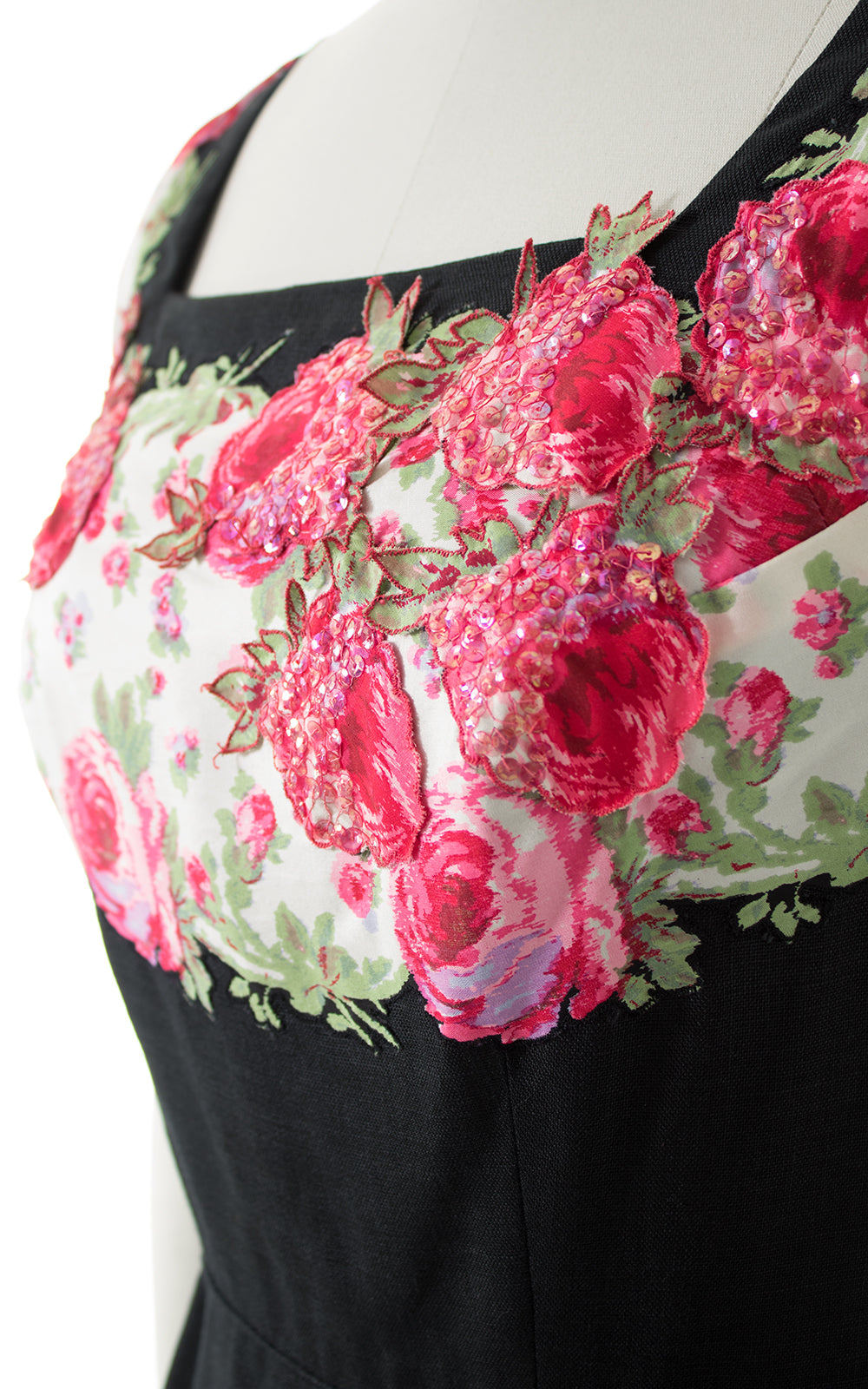 1950s Peggy Hunt Floral Sequin Silk & Linen Dress BirthdayLifeVintage