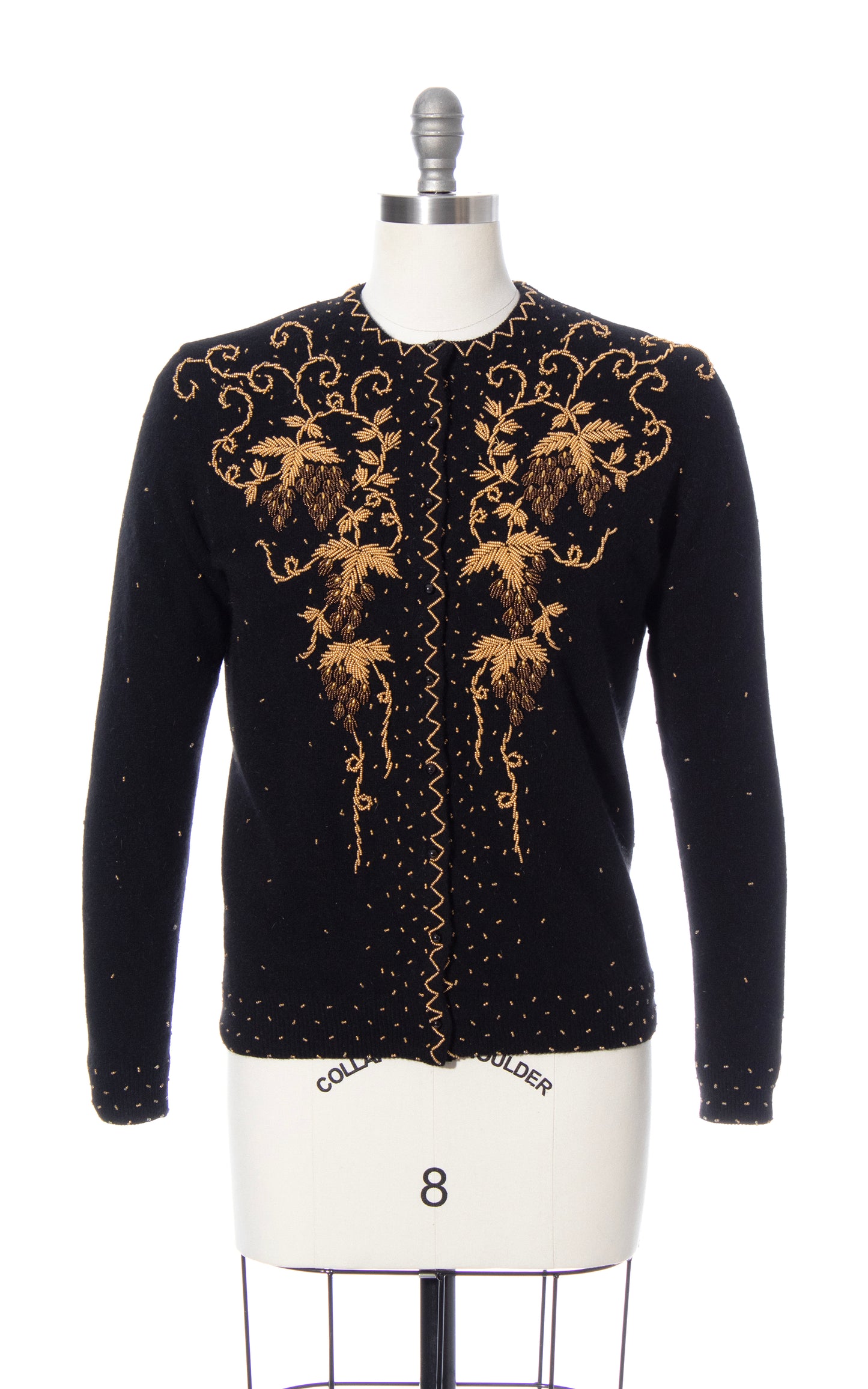 Vintage 60s 1960s Grapes Novelty Print Beaded Knit Black Wool Cardigan BirthdayLifeVintage