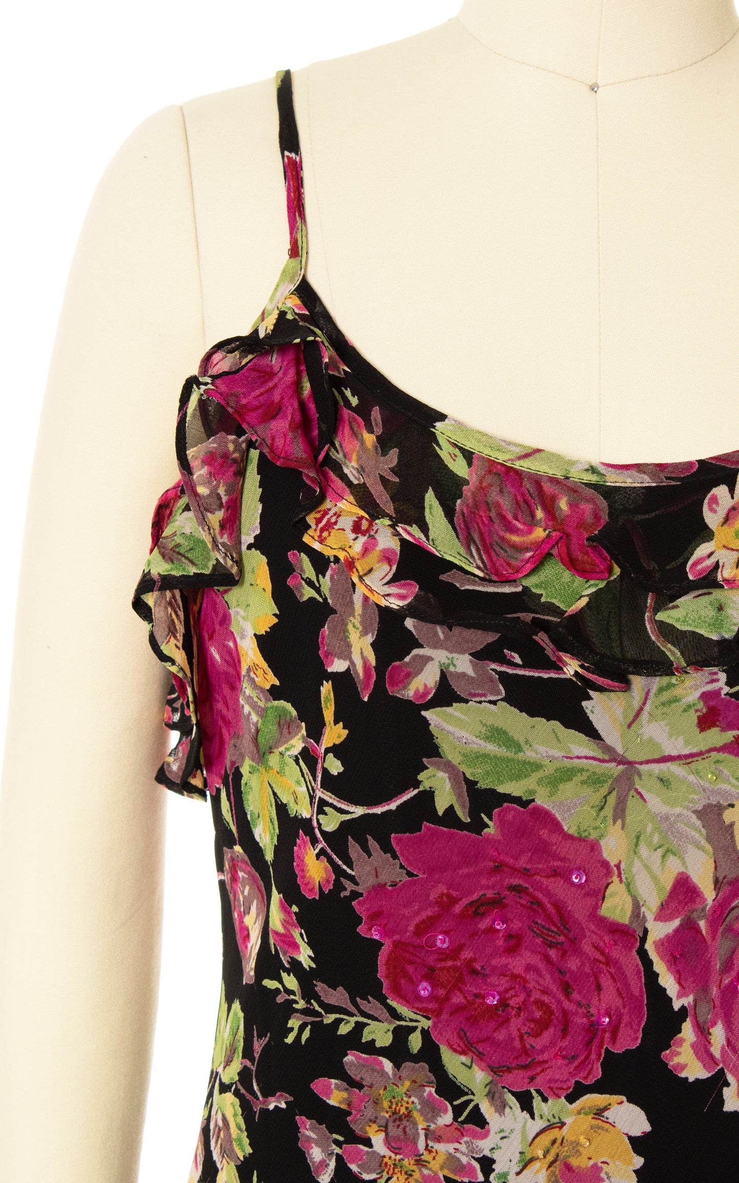 2000s Beaded Sequin Floral Chiffon Slip Dress | x-small/small