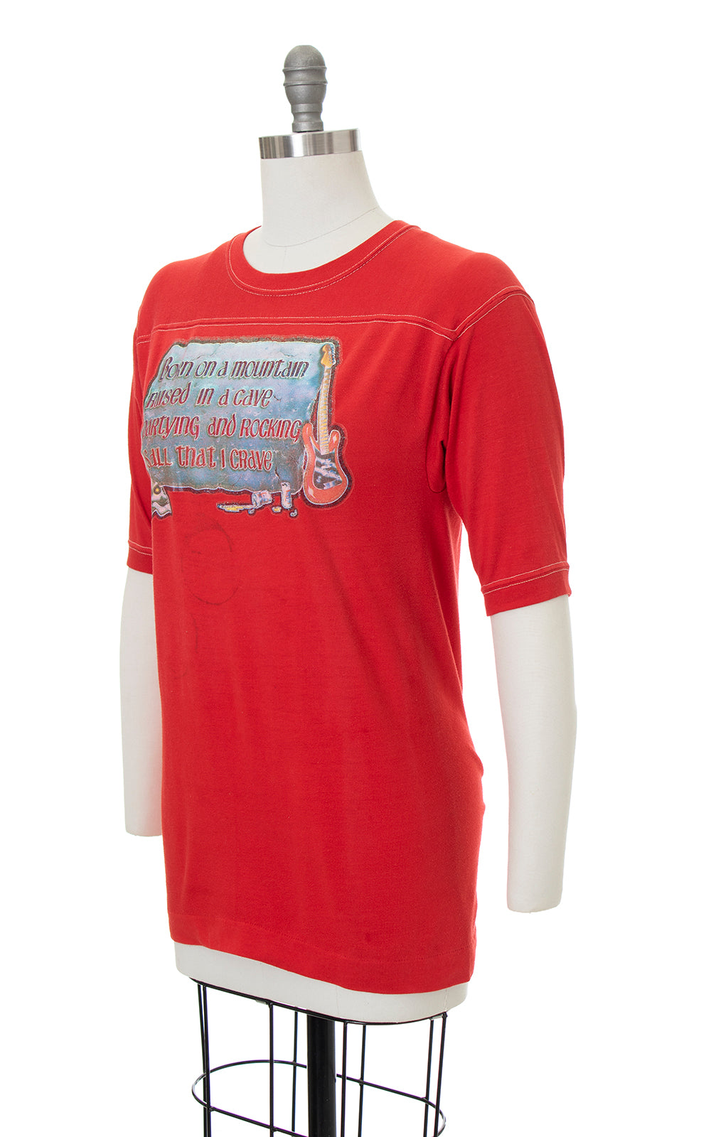 Vintage 1970s Rocker Metal Guitar Skull Novelty Iron-On Transfer Tee by Birthday Life Vintage