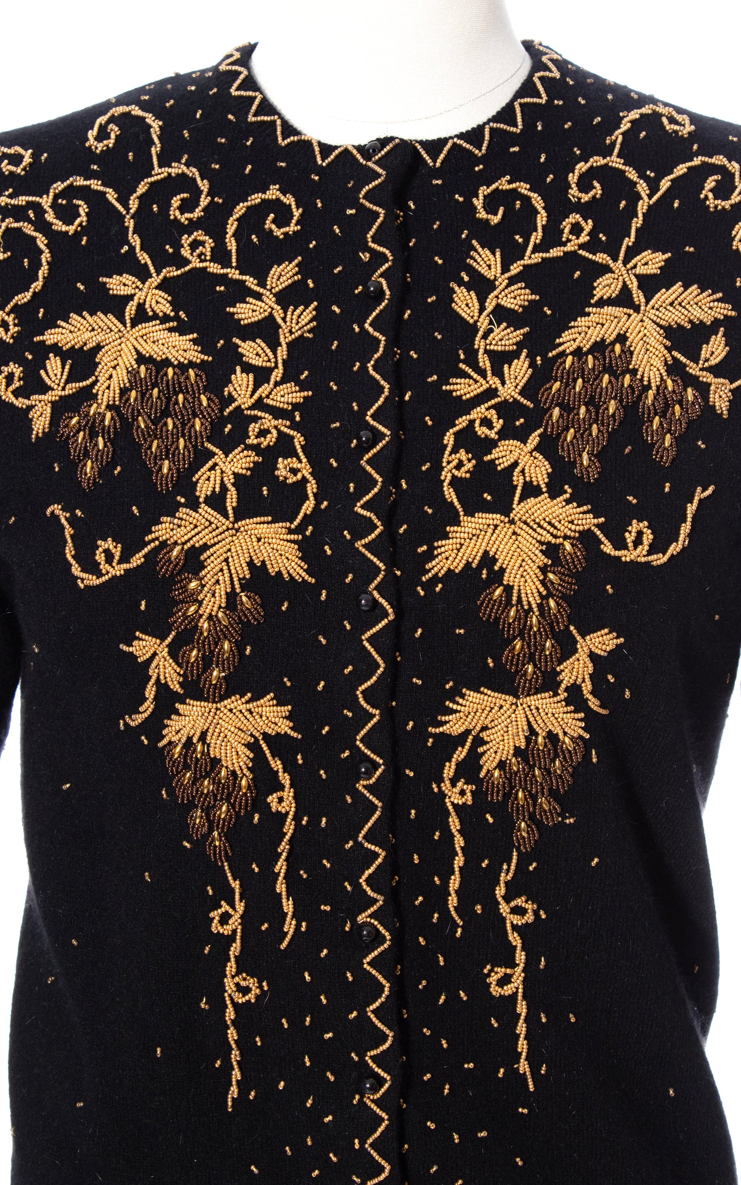 Vintage 60s 1960s Grapes Novelty Print Beaded Knit Black Wool Cardigan BirthdayLifeVintage