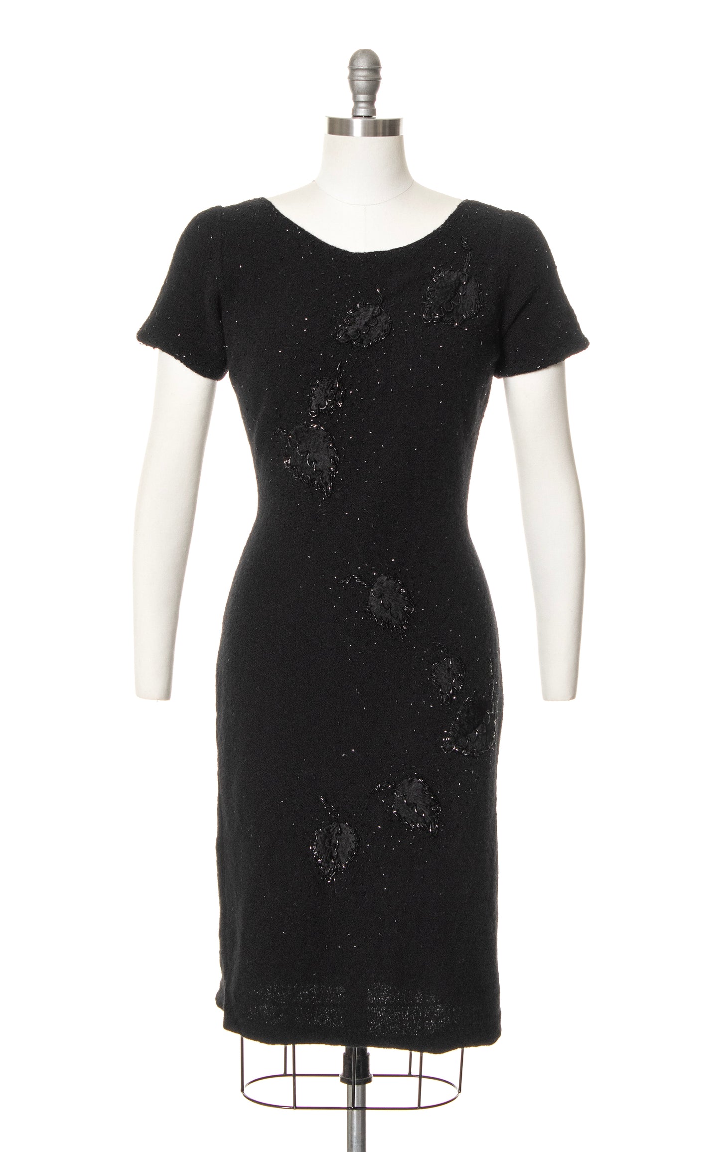 1950s Leaf Beaded Knit Black Wool Sweater Dress | small/medium/large