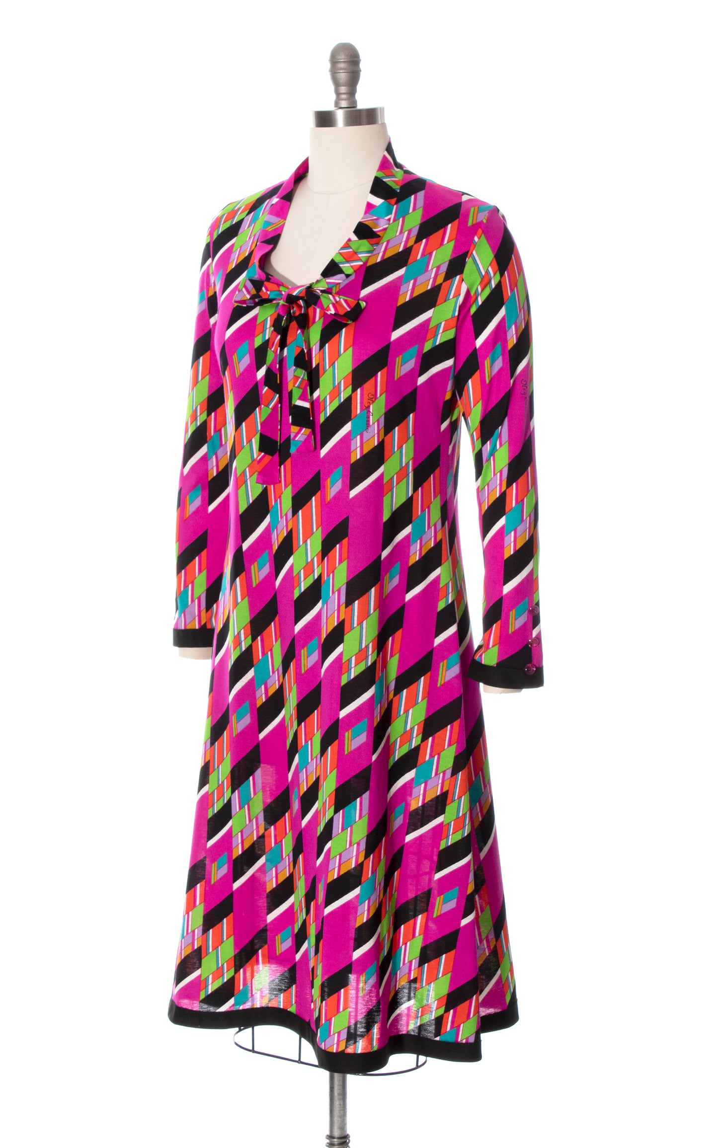 Vintage 70s 1970s OLEG CASSINI Geometric Printed Jersey Psychedelic Shift Dress Birthday Life Vintage