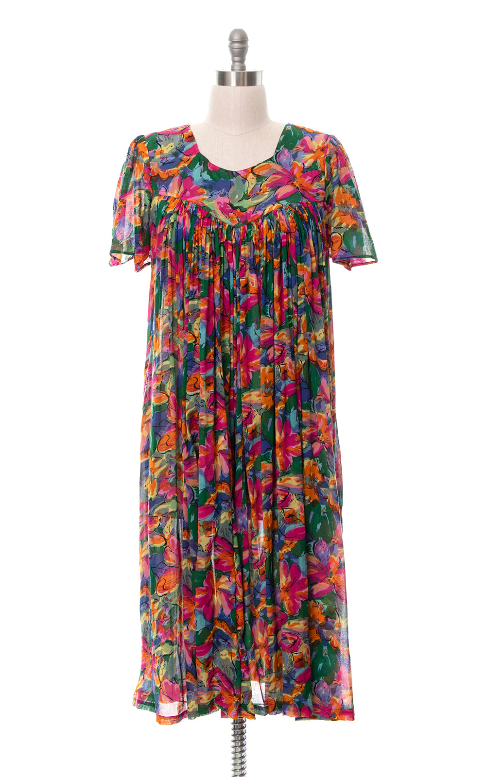 1980s Floral Cotton Trapeze Dress