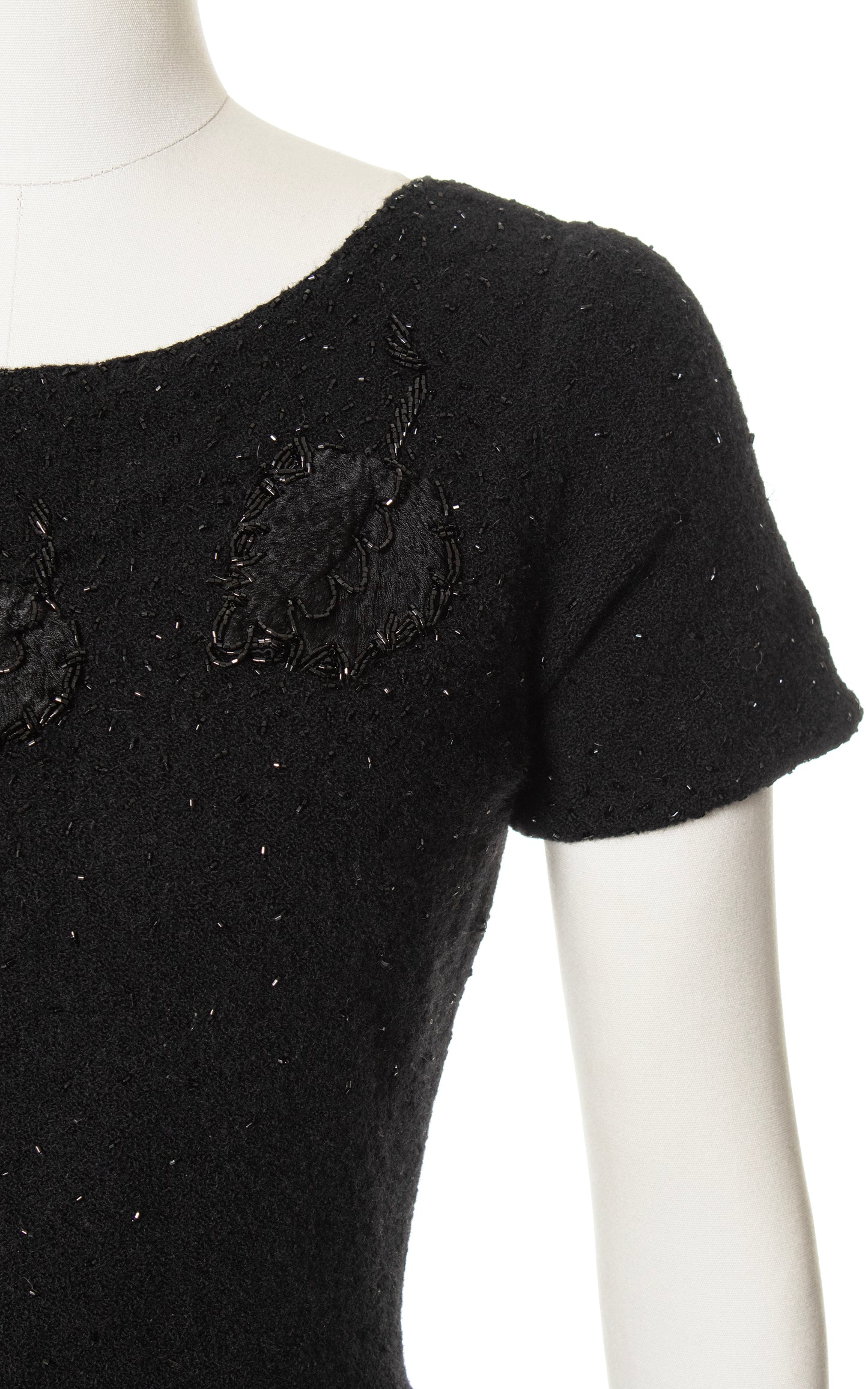 1950s Leaf Beaded Knit Black Wool Sweater Dress | small/medium/large