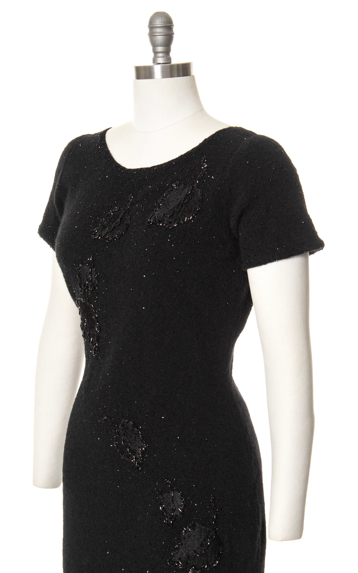 1950s Leaf Beaded Knit Black Wool Sweater Dress | small/medium/large